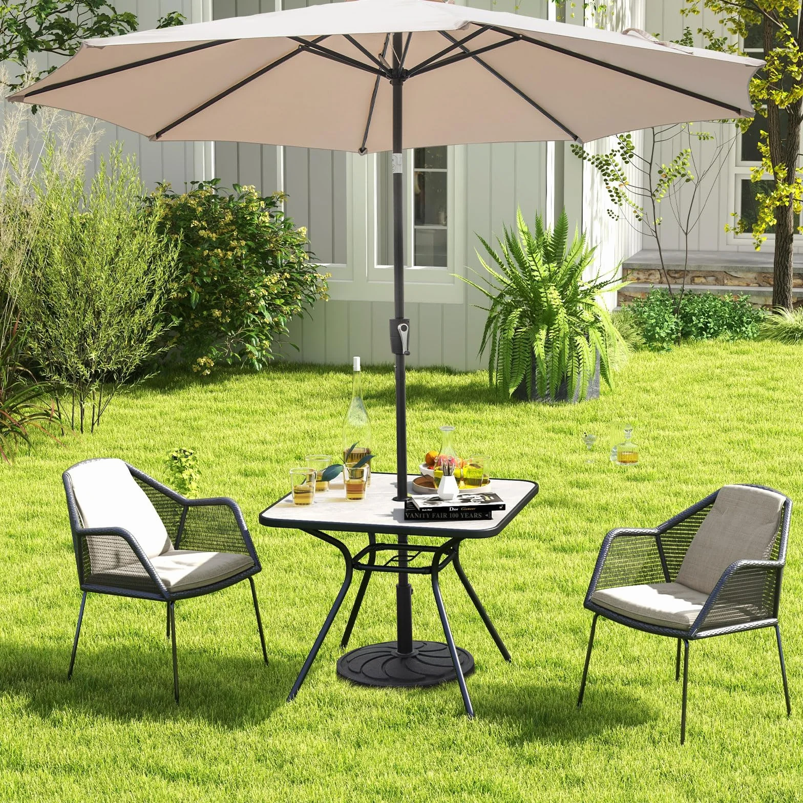 KOMFOTTEU Stolik pomocniczy z otworem na parasol, stół ogrodowy 80 x 80 cm dla 4 osób, stół balkonowy z blatem ze sztucznego marmuru, stół bistro do 100 kg, stół na balkon, taras, do ogrodu