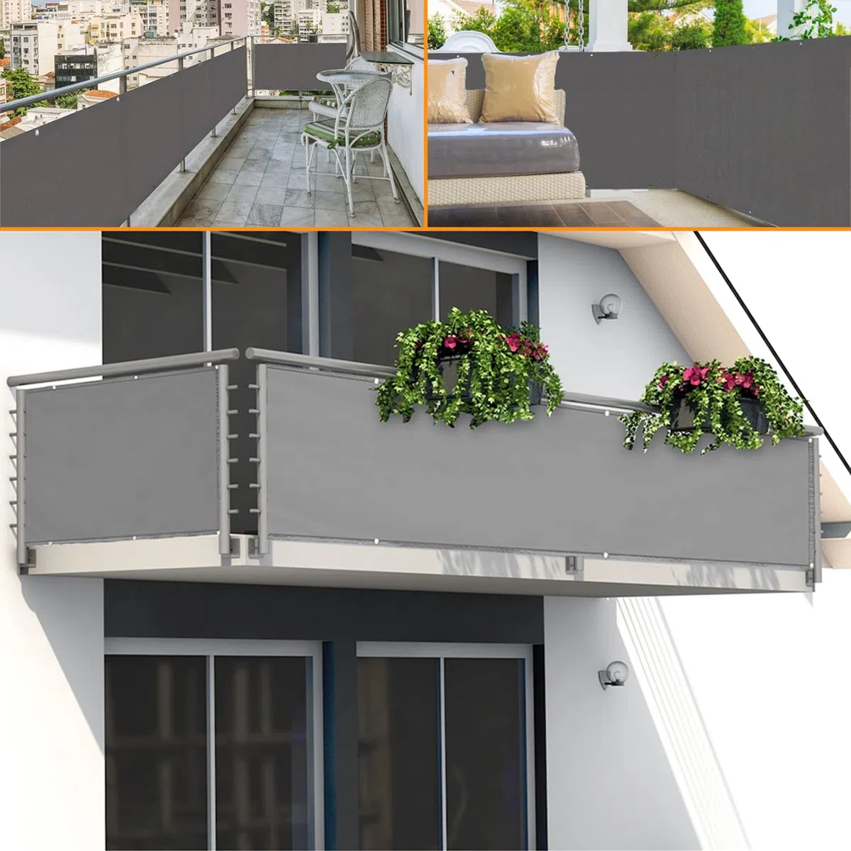 Osłona balkonowa, ochrona przed wiatrem i promieniowaniem UV, z akcesoriami montażowymi, na balustradę balkonu, taras, do ogrodu, kolor jasnoszary, 100 x 850 cm