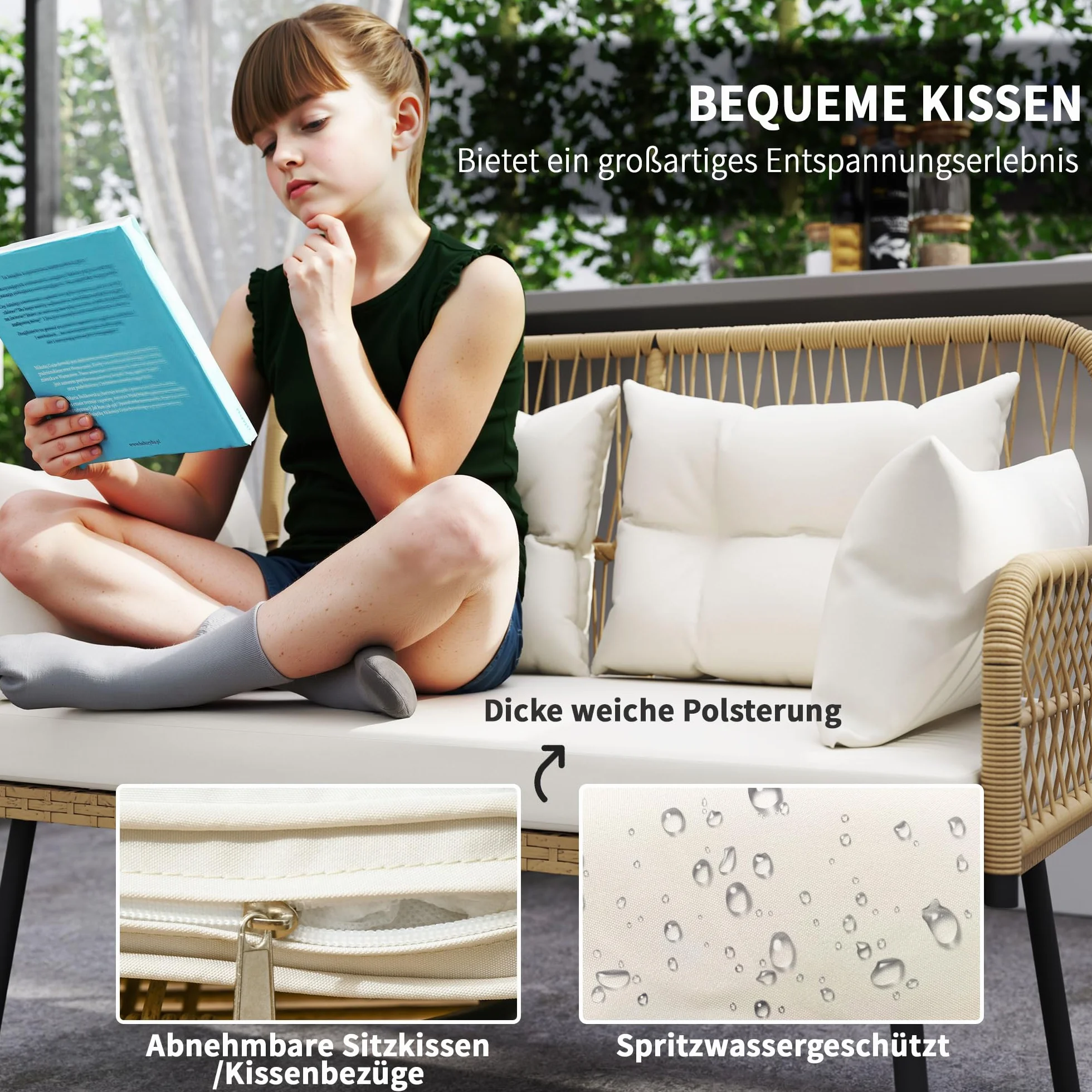 Outsunny Sofa Ogrodowa z Poduszkami 2-osobowa Sofa Balkonowa Rattanowa Sofa Polirattan Meble Ogrodowe 115 x 61 x 82 cm Naturalne Drewno