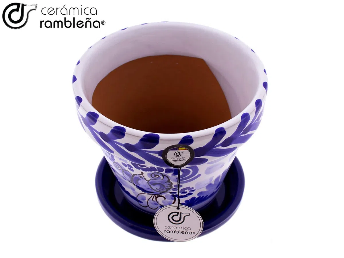 CERAMICZNA RAMBLEÑA | Garnki z czerwonego błota | Dekoracyjne doniczki | Doniczki ceramiczne | Doniczki zewnętrzne | Ozdobione Blue Mountain - D111 | 100% Ręcznie robione dekoracje | 20x20x19 cm | Talerz w zestawie