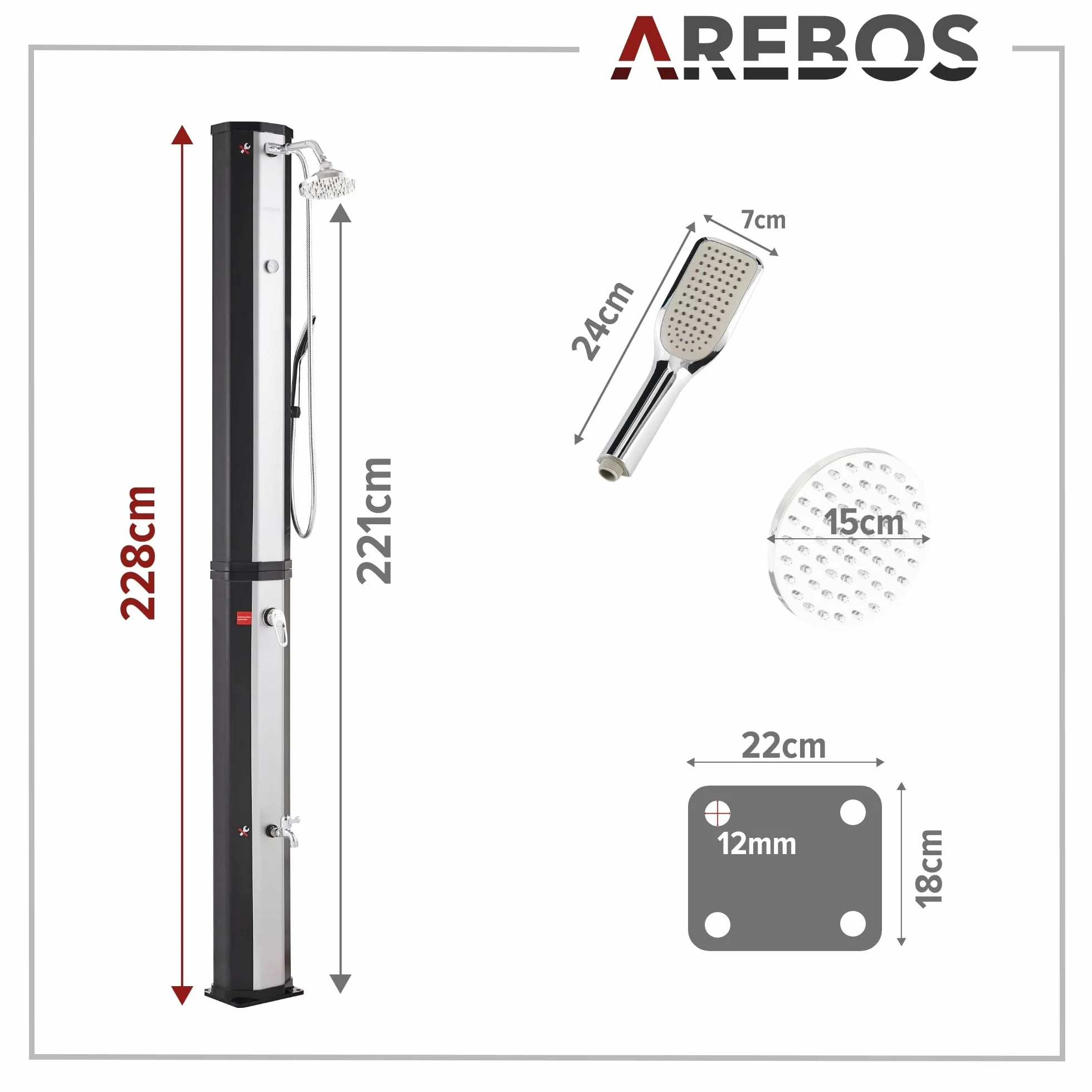 Arebos prysznic solarny 60 l z termometrem i słuchawką prysznicową do basenu kemping