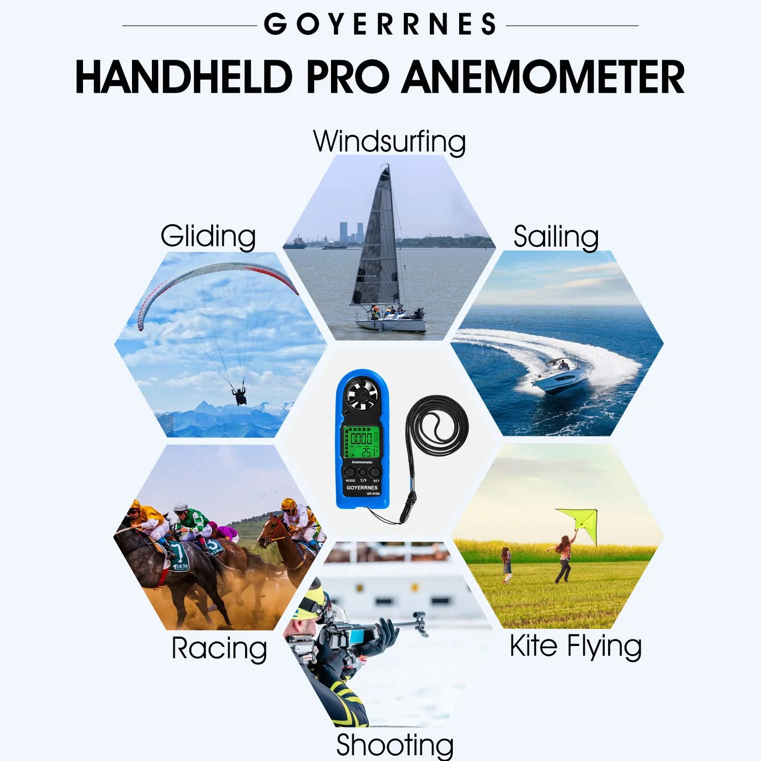 Anemometr GR-816B cyfrowy z prędkością wiatru 0,3-30 m/s, pomiar prędkości nawiewu/temperatury (℃/℉) do strzelania, windsurfingu, wędkowania, polowania