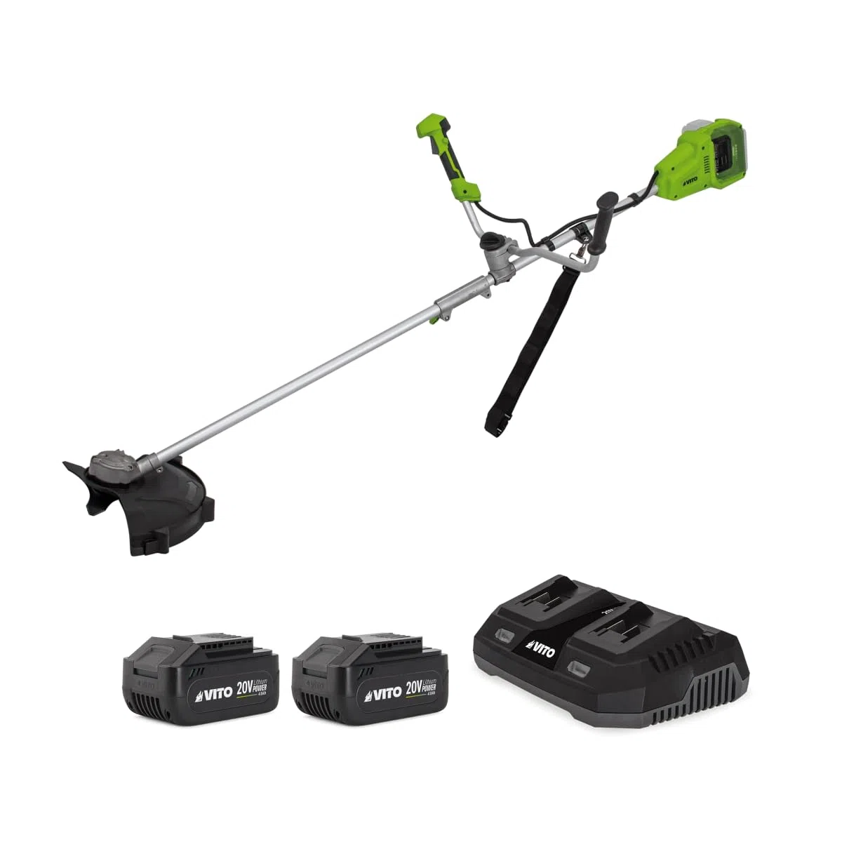 VITO - Bezprzewodowa podkaszarka 40 V + 2 baterie litowe 4Ah Ø 250-350 mm ostrze i drut nylonowy + podwójna szybka ładowarka