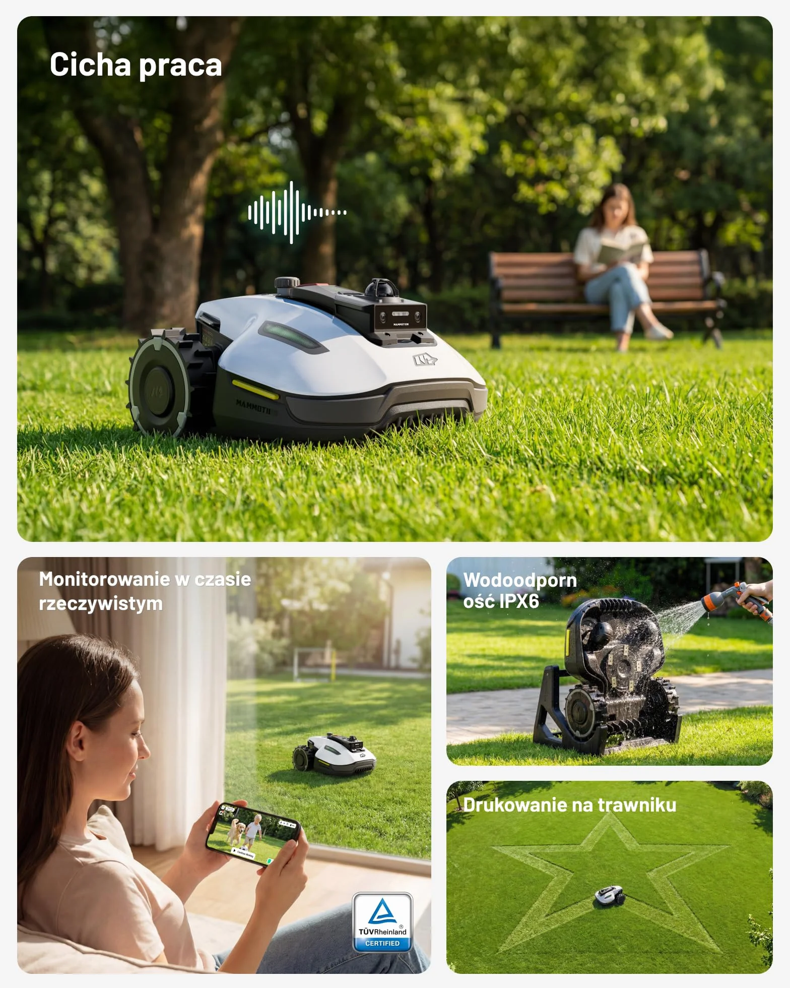 MAMMOTION YUKA mini 2 800 LiDAR Robot koszący bez przewodu obwodowego, rekomendowany 800 m³, LiDAR 360°+ AI Vision, rozpoznawanie ponad 300 przeszkód, DropMow, nachylenie 45%