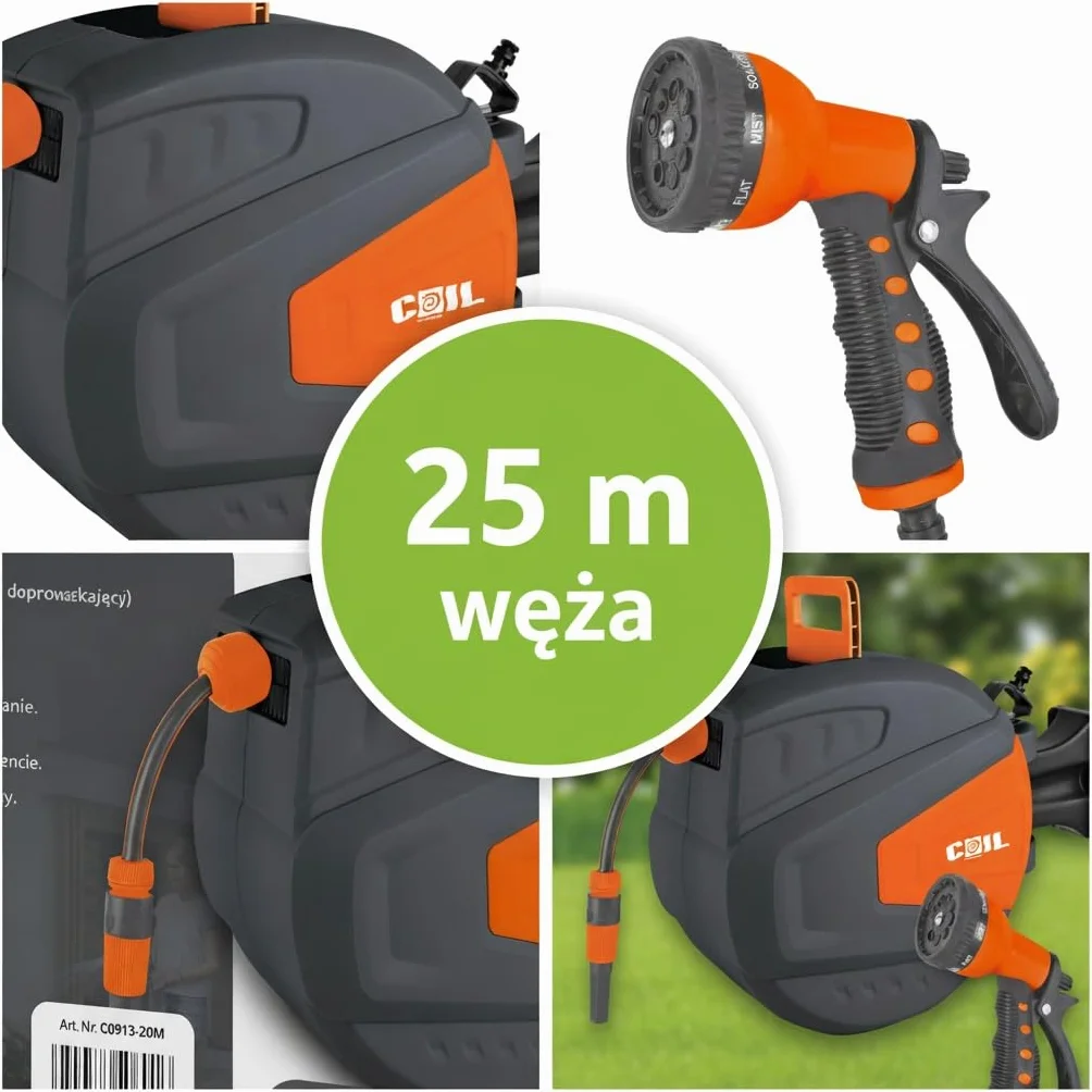 Wąż ogrodowy spiralny automatyczny zwijacz ścienny 9 funkcji pistolet natryskowy 2 m