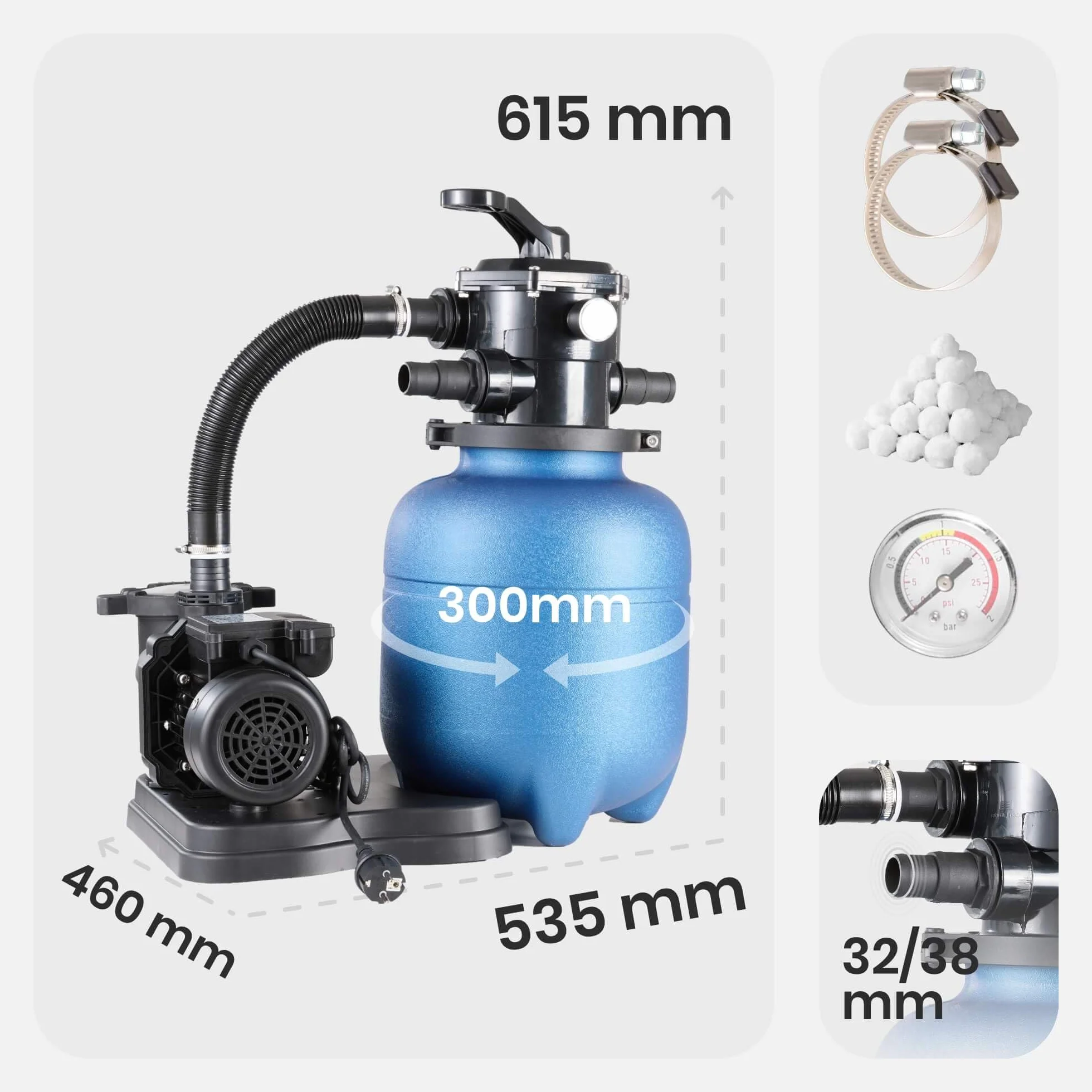 Arebos System filtra piaskowego z pompą 350 W 9500 L/h 20 kg piasku 7-drożny zawór manometr