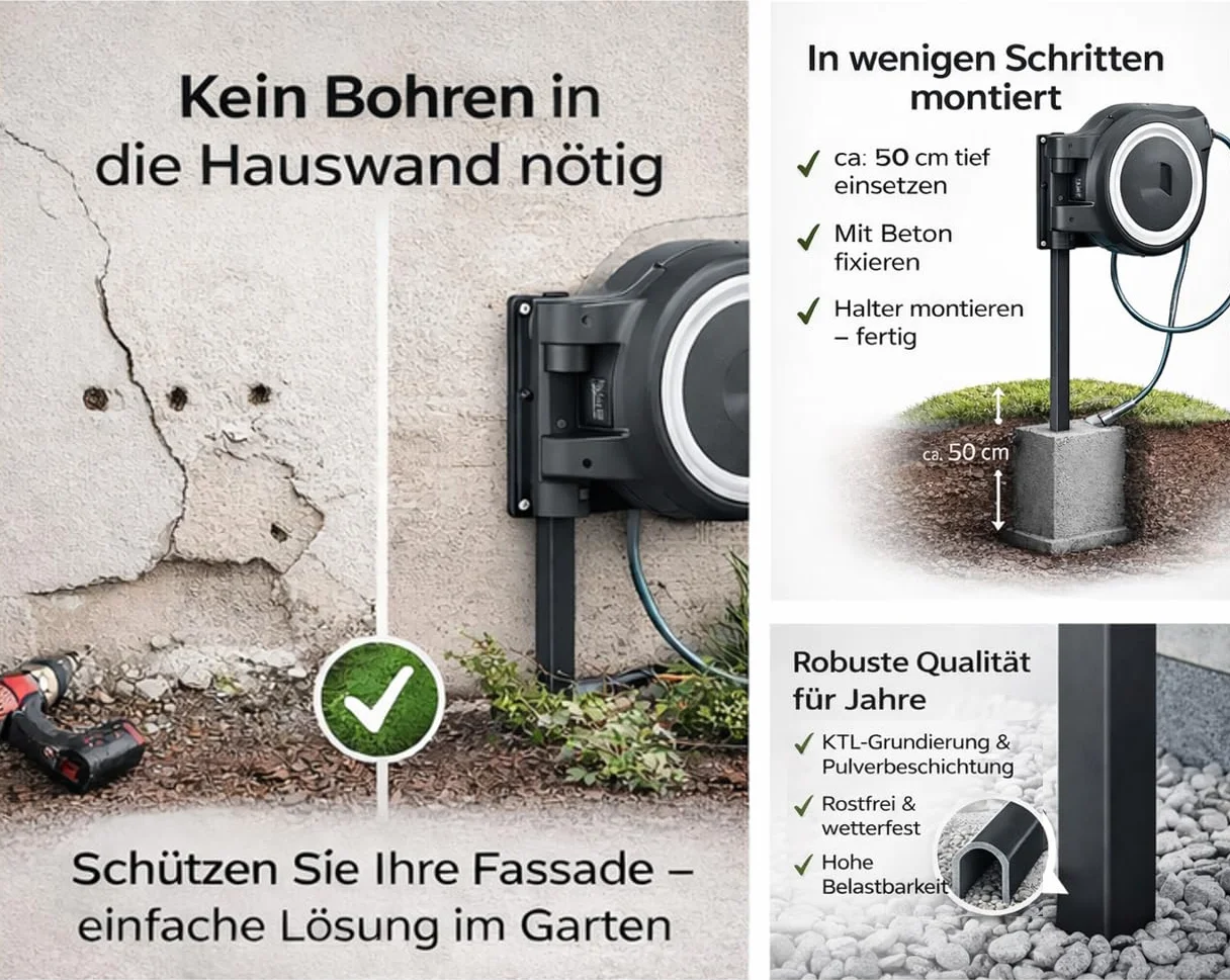 Uchwyt do pojemnika na wąż i bęben na wąż – wolnostojący i stabilny – kompatybilny z Gardena®, Amazon Basic® i innymi – nie wymaga montażu na ścianie