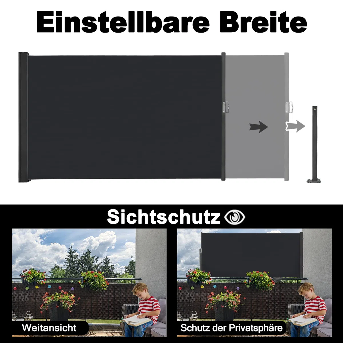 YRHome Markiza boczna, wysuwana, 120 x 300 cm, ochrona przed wzrokiem, nieprzejrzysta, ochrona przed wiatrem, ochrona przed spojrzeniami i wiatrem, markiza na ścianę boczną, na balkon, do ogrodu, na