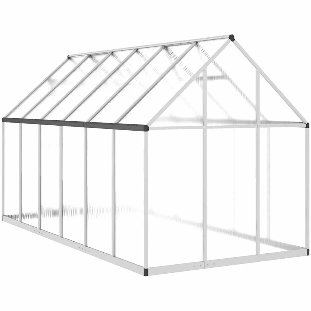 Aluminiowa szklarnia 334x169x195 cm srebrna | Odporna na warunki atmosferyczne rama, płyta poliwęglanowa, 5-kątne okno wentylacyjne, drzwi skrzydłowe