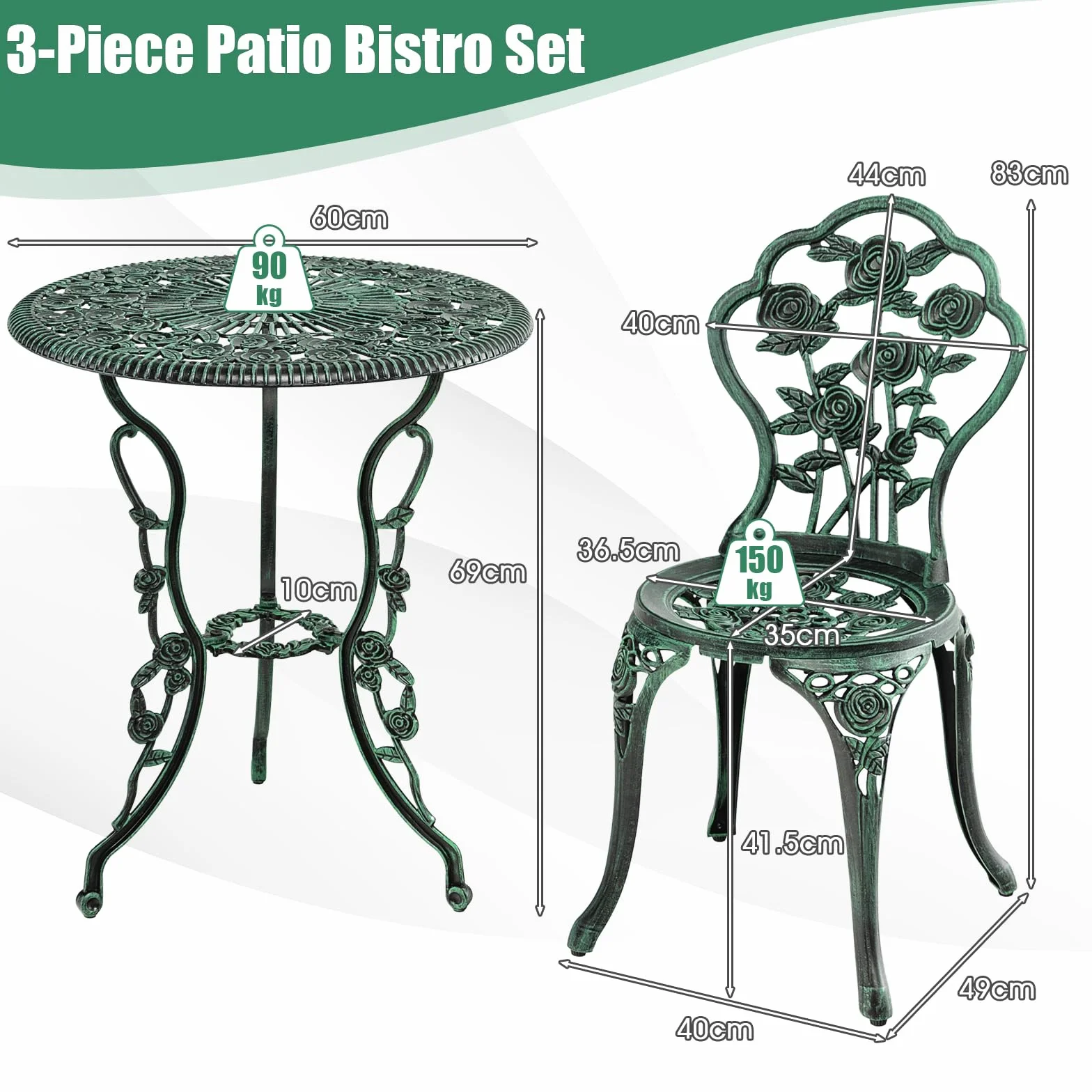 GIANTEX meble ogrodowe, 3-częściowy zestaw Bistro, stół bistro z 2 krzesłami, zestaw mebli ogrodowych z aluminium, zestaw balkonowy, antyczny, okrągły stół ogrodowy, do użytku na zewnątrz