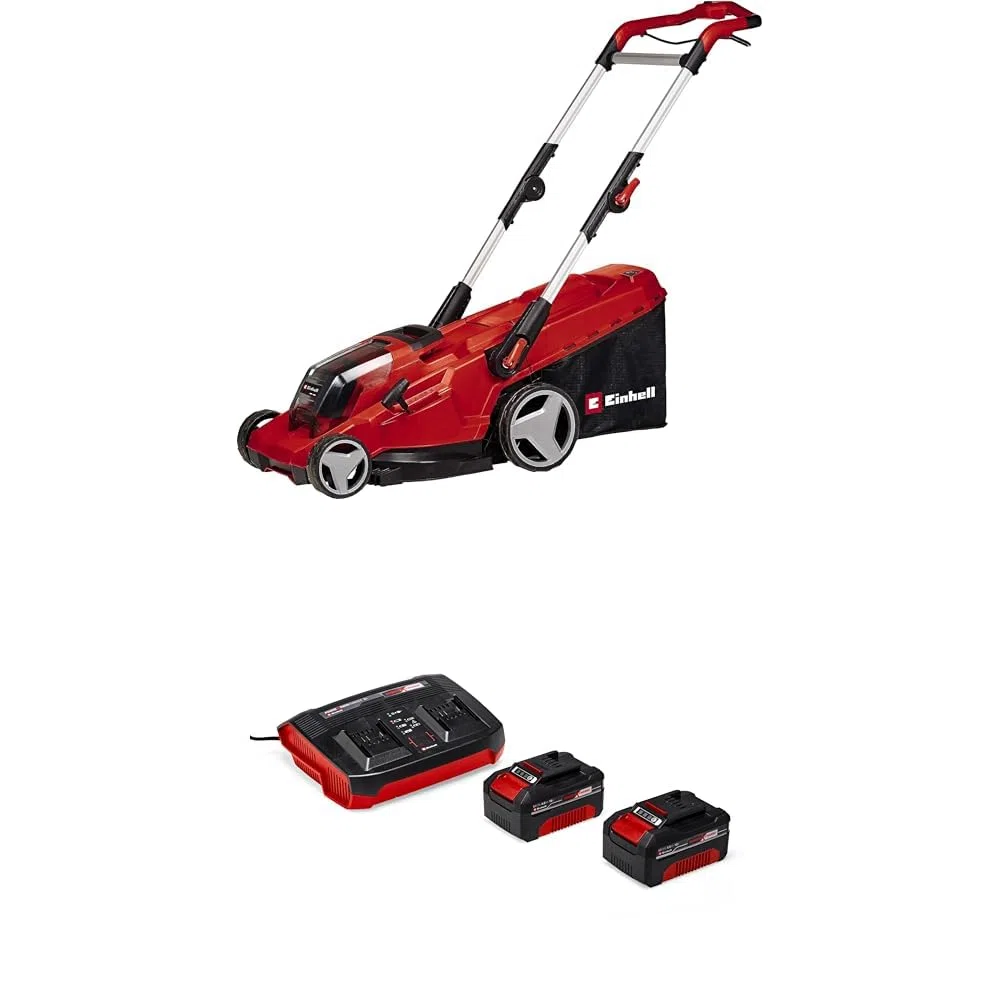 Einhell Ge-Cm 36/41 Li-Solo Kosiarka do Trawy, Czarny/Czerwony, 41 cm & Einhell Pxc Zestaw Akumulator z Ładowarką, Czarny/Czerwony, ‎22.1 x 18.5 x 7.7 cm