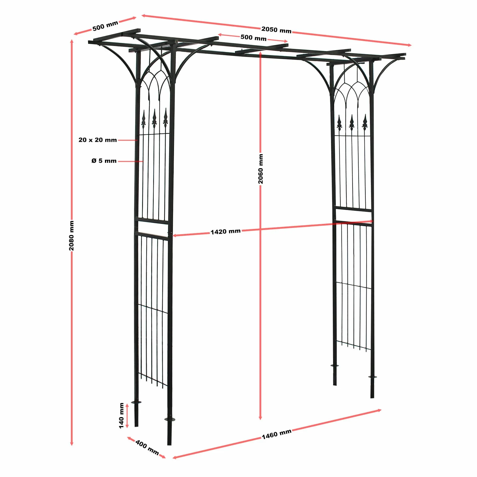 Wiltec Pergola ogrodowa o wymiarach 205 x 50 x 208 cm ze stali, trejaż do ogrodu na pnącza i róż czarny, łuk z kolcami wspierającymi