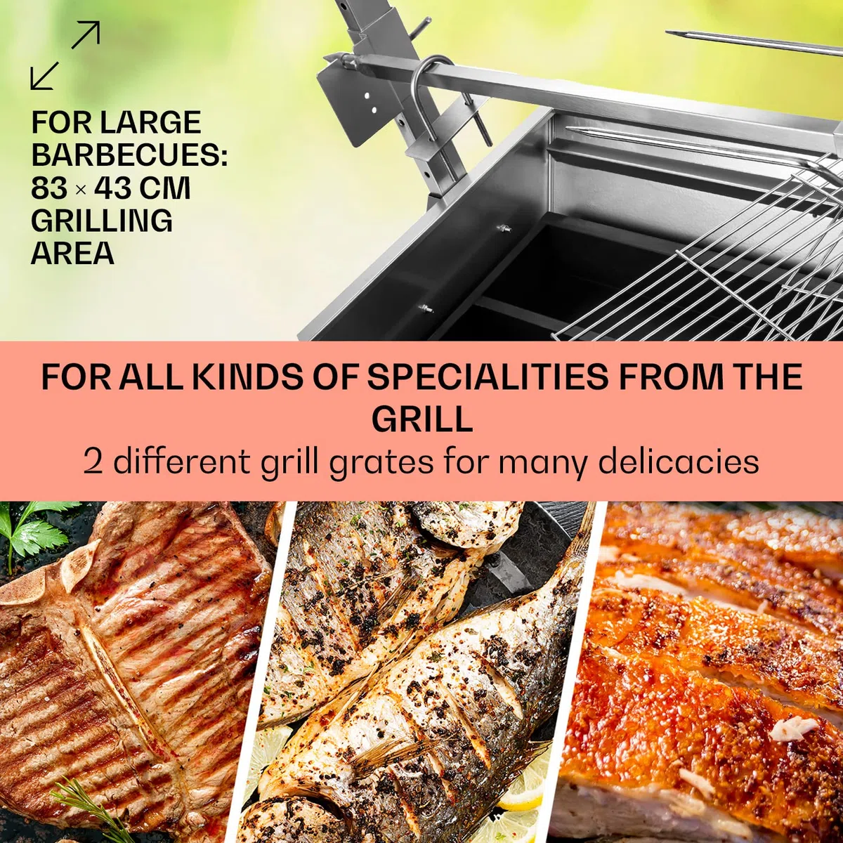 OneConcept Grill rożnowy 2w1 z silnikiem, Grill z obrotowym rożnem, Duży rożnowy do kurczaka i prosiaka, z silnikiem, z rusztem ze stali, Duży węglowy na kółkach
