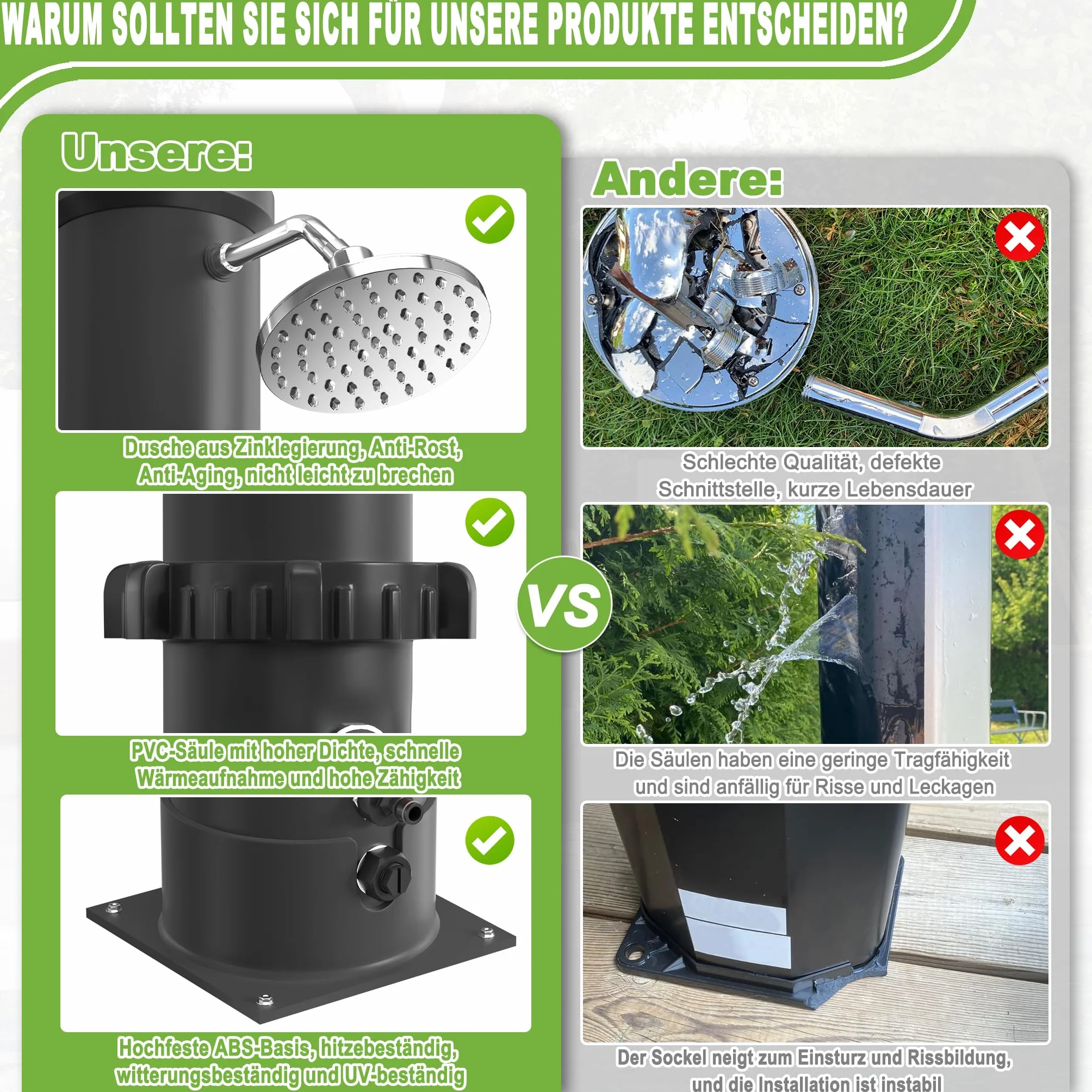 XMTECH Prysznic solarny 40 l ogrodowy z deszczownicą 360° 216 cm