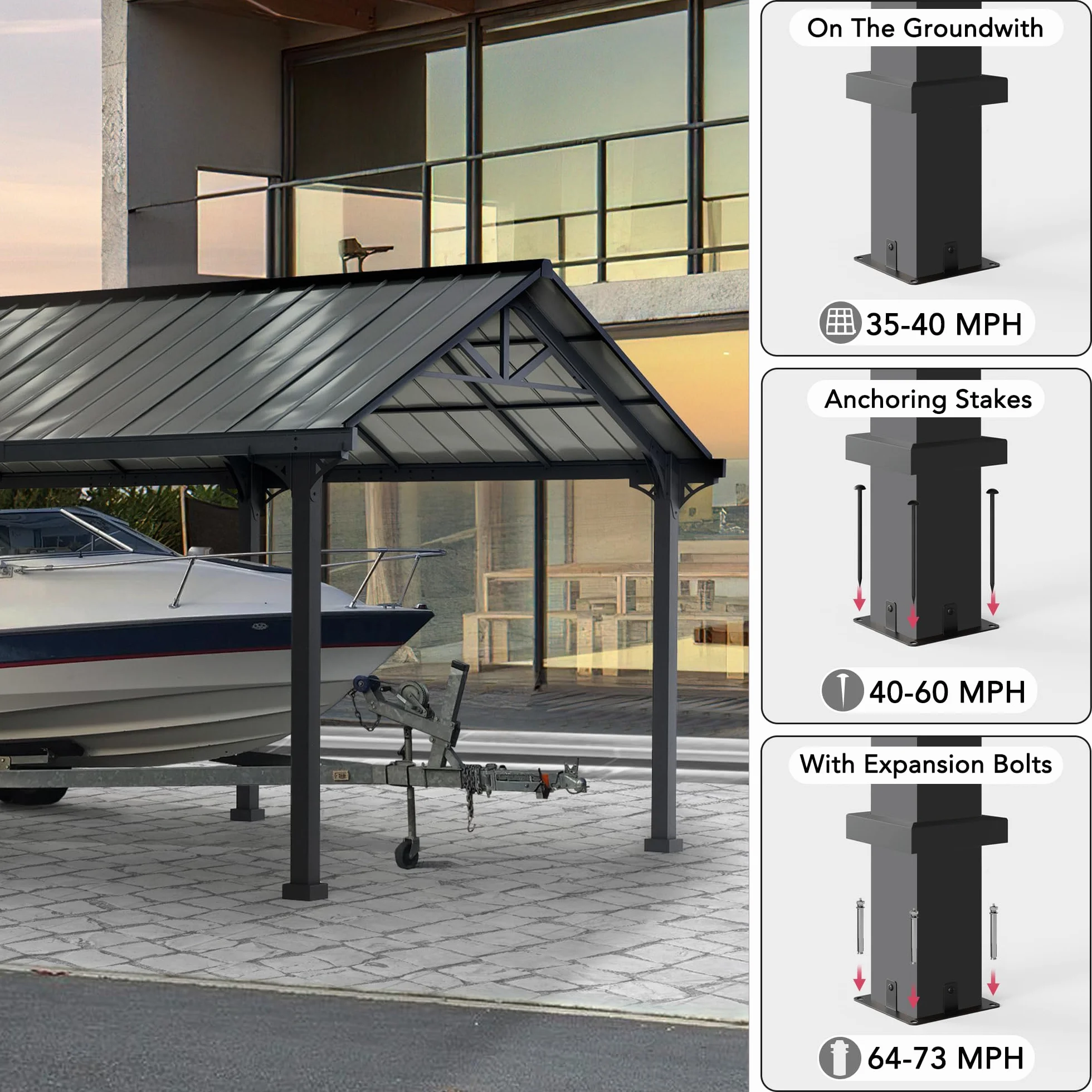 SUNJOY Wiata Samochodowa Outdoor 6,1 × 3,6 m, Dach ze Stali Malowanej Proszkowo, Grubsze Słupy 10 cm, Wytrzymałe Zadaszenie na Samochód, Ochrona UV i Wodoodporność, Pawilon Ogrodowy na SUV, Pickupy i