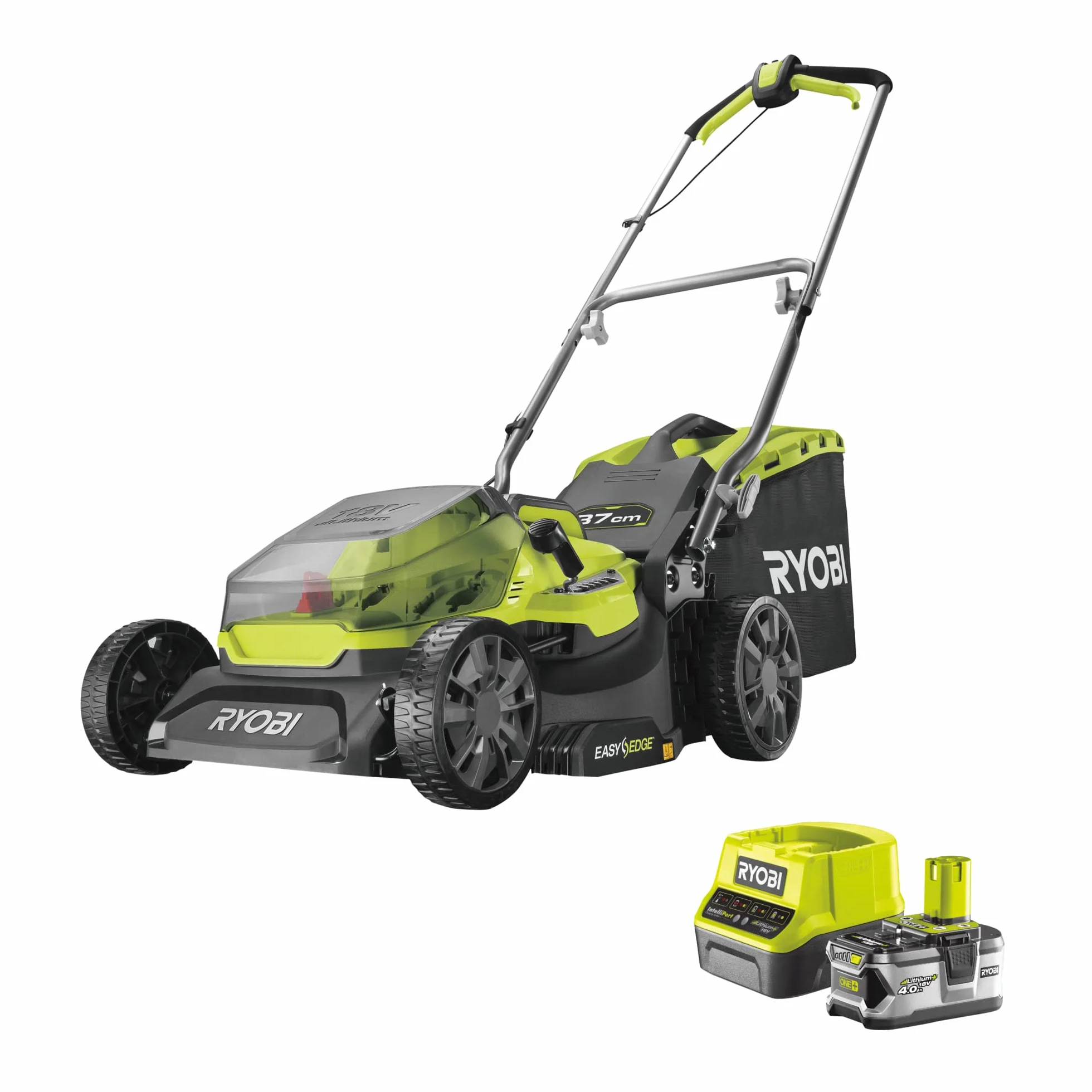 Ryobi Kosiarka 18V RY18LM37A-140, 37 cm Szerokości Koszenia, 6 Pozycyjna Regulacja Wysokości Koszenia, Kosz 45 L, Easyedge, 1x Akumulator 4 Ah, Ładowarka 2.0A