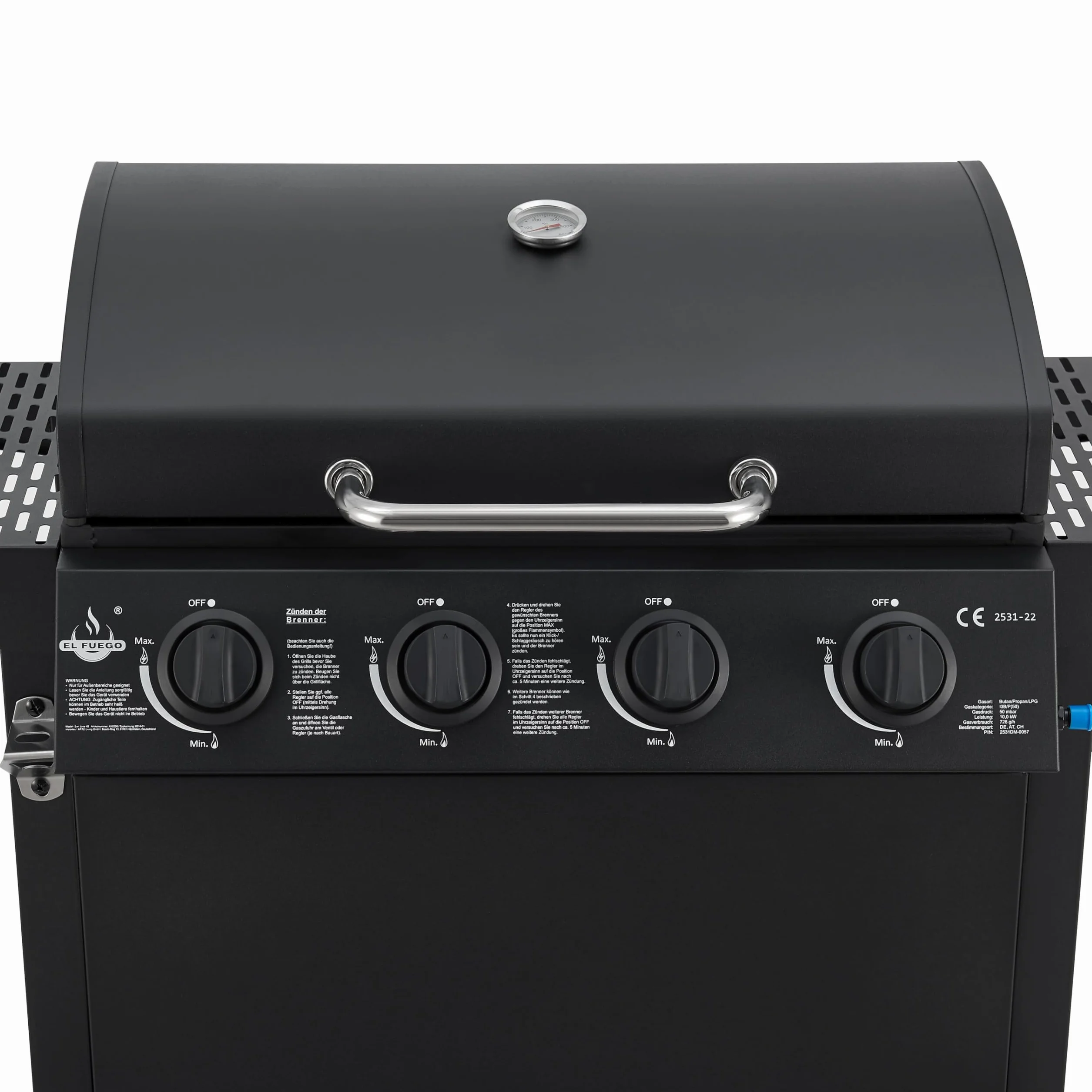 Grill gazowy El Fuego San Jose 4 palniki BBQ z rusztem żeliwnym, termometrem i półkami bocznymi