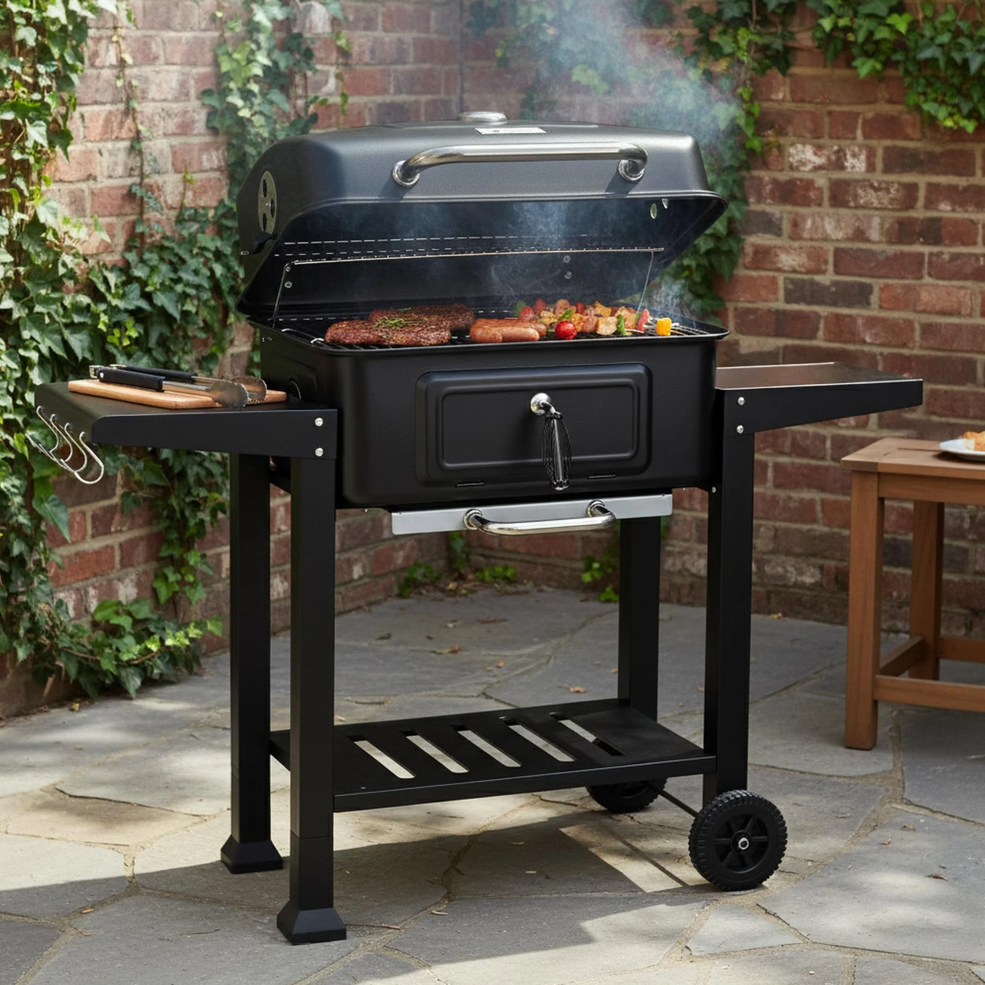 BBQ-Toro Grill na Węgiel Drzewny z Misą i Regulacją Wysokości, Pokrywką, Wózkiem i Termometrem - Duży Grill XXL
