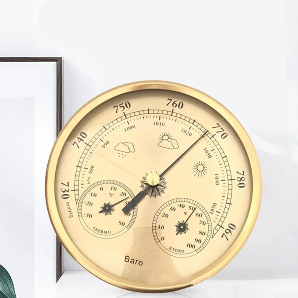 3-w-1 mechaniczna stacja pogodowa, termometr, higrometr, barometr, analogowy wyświetlacz temperatury wewnętrznej i zewnętrznej o średnicy 130 mm, nie wymaga baterii, aluminiowa konstrukcja metalowa
