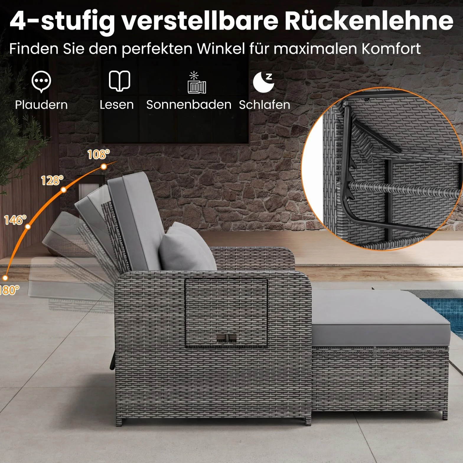 COSTWAY Sofa rattanowa, meble do użytku na zewnątrz, sofa ogrodowa z funkcją leżenia, 2-osobowa sofa ogrodowa z poduszkami i półkami bocznymi, meble ogrodowe z polirattanu, mały balkon (mieszanka