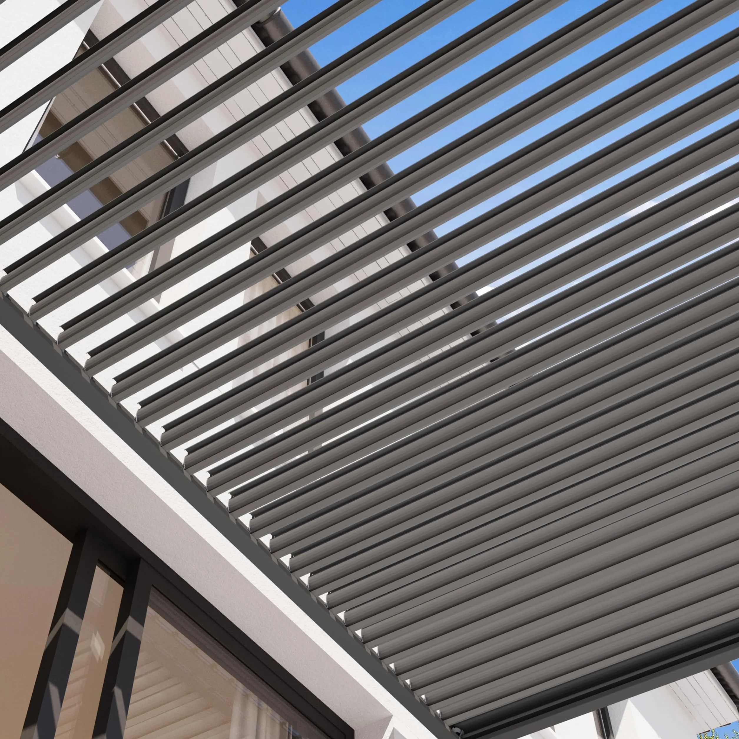 PRIMEYARD Pergola 3x3 m słupy aluminium z dachem z listew stalowych szara osłona tarasu