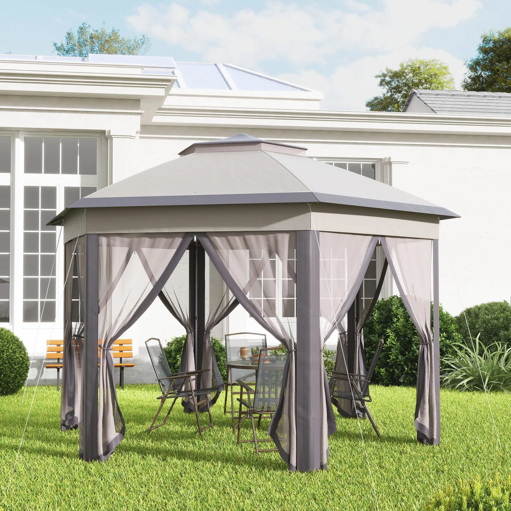 Outsunny Pawilon ogrodowy składany 4x4 m namiot pop-up imprezowy sześciokątny beżowy
