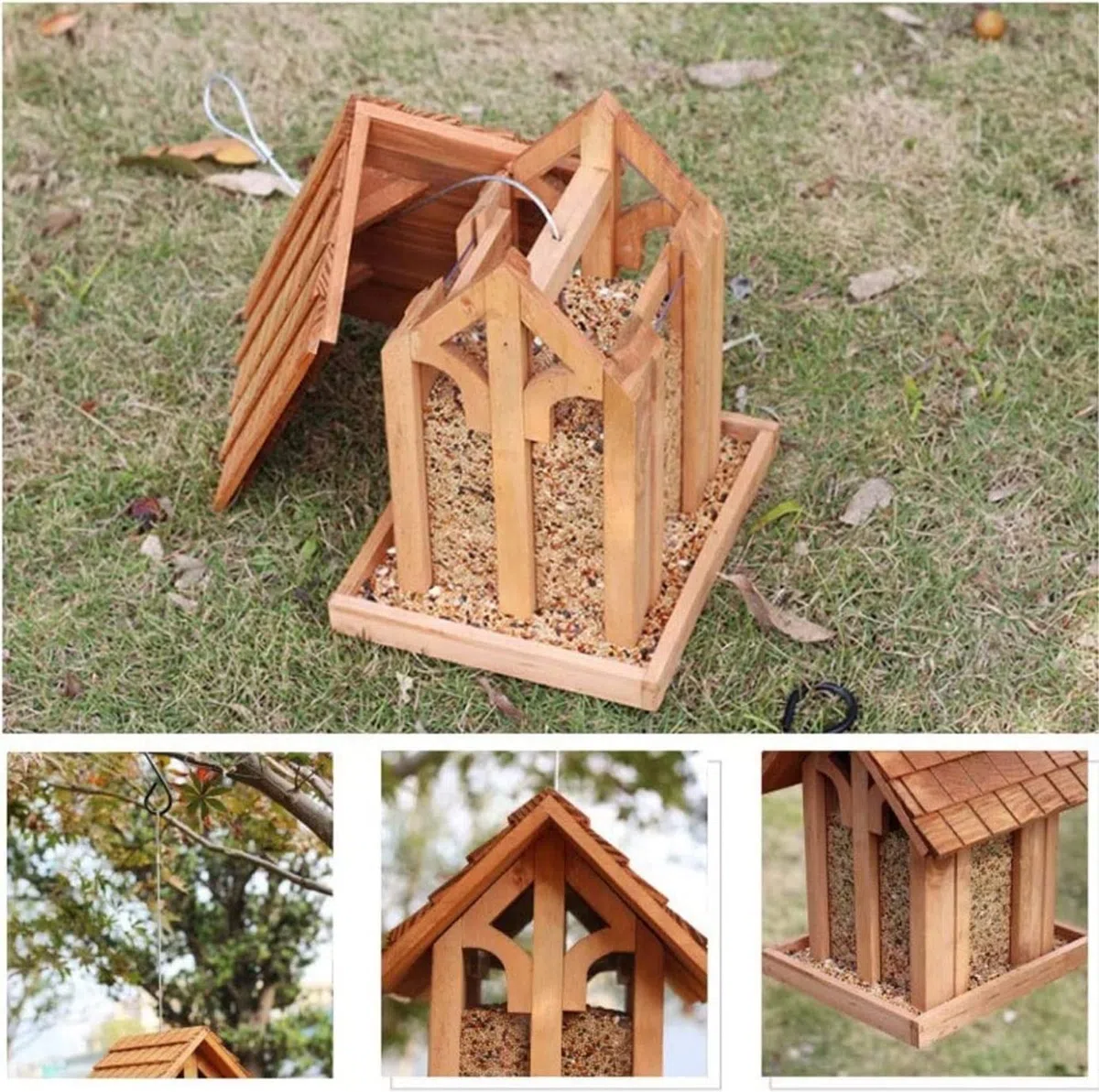 Karmnik dla Dzikich Ptaków Bird Feeder Drewniany Karmnik Dla Ptaków Wiszący Z Dachem Do Ogrodu Karmienia Na Zewnątrz Wróbli