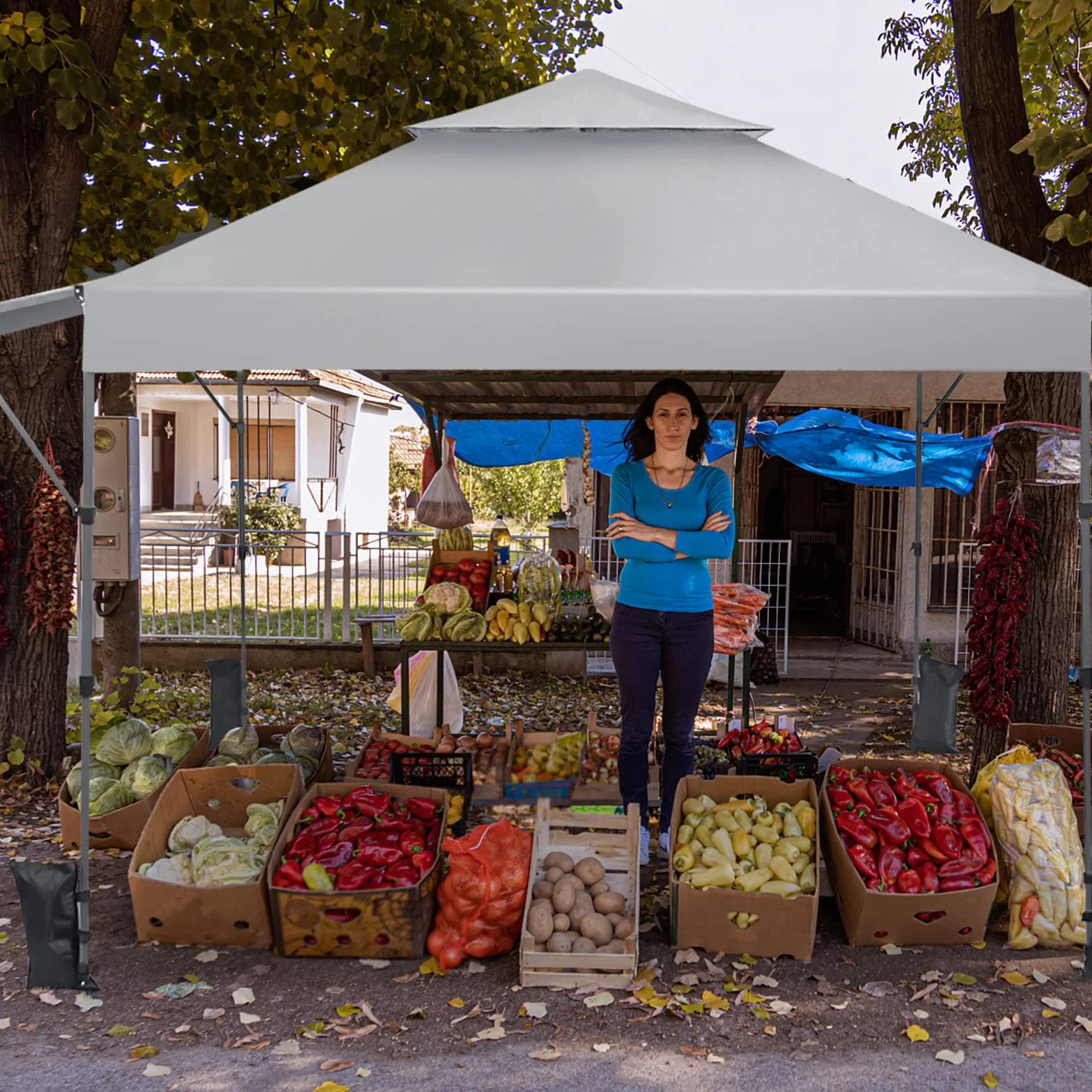 COSTWAY Pawilon typu Pop Up 3 x 3 m, z dwiema markizami, składany pawilon z torbą zwijaną, 4 worki na piasek, namiot ogrodowy, składany, namiot imprezowy, wodoszczelny, stabilny (biały)