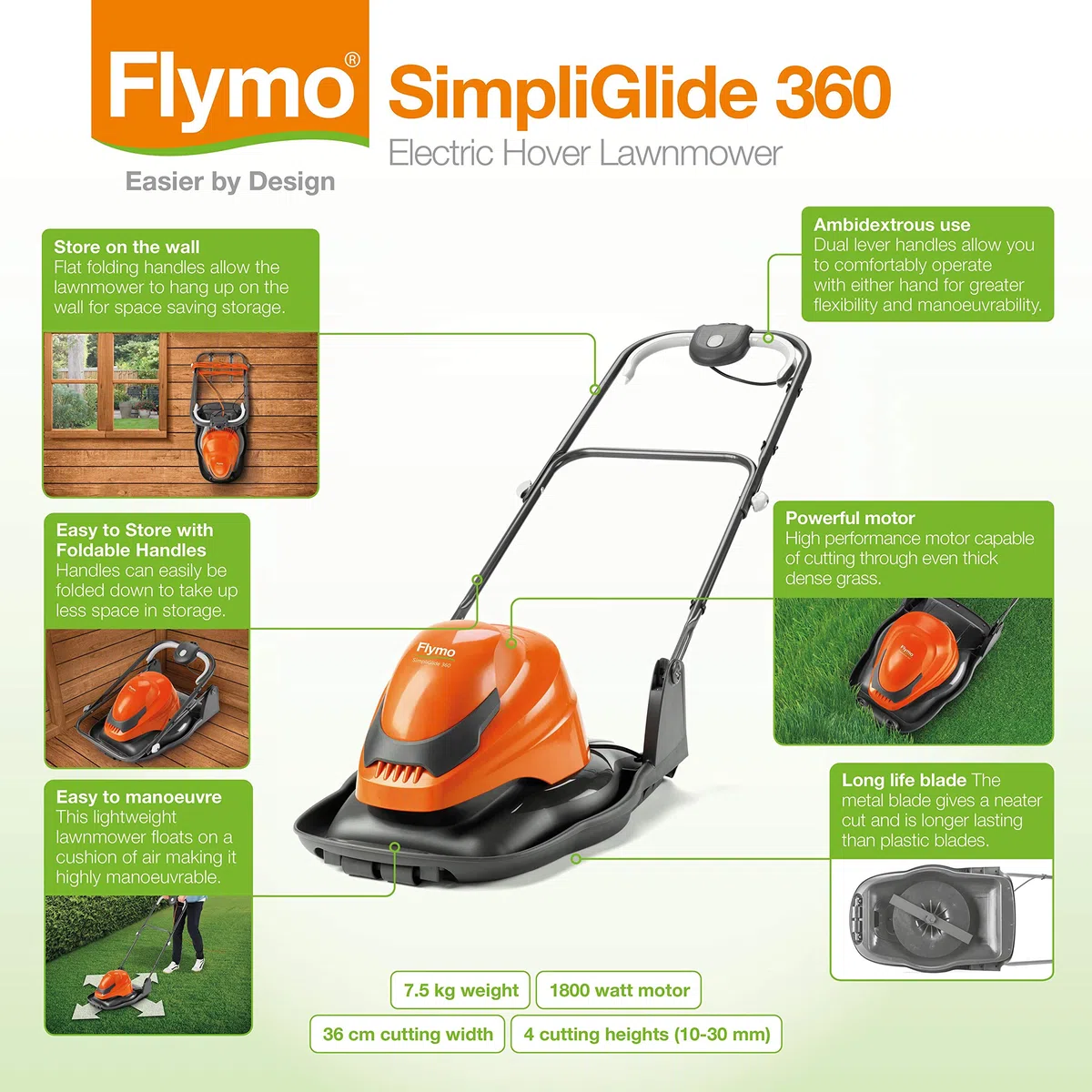 Flymo SimpliGlide 360 Hover kosiarka do trawy, silnik 1800 W, szerokość cięcia 36 cm, składana na płasko, długość kabla 10 m