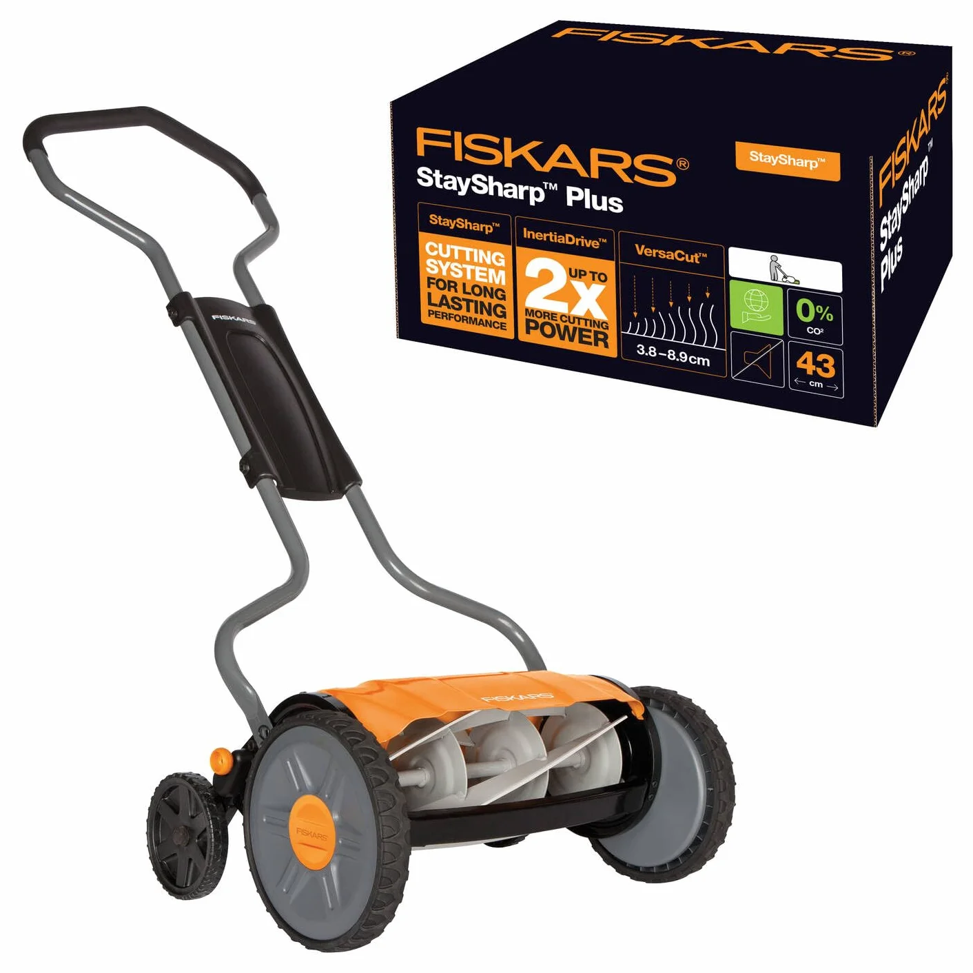 Fiskars Kosiarka bębnowa, Do trawy z bezkontaktowym systemem tnącym, Szerokość koszenia: 43 cm, StaySharp Plus, Czarna/ pomarańczowa/ srebrna, 1015649