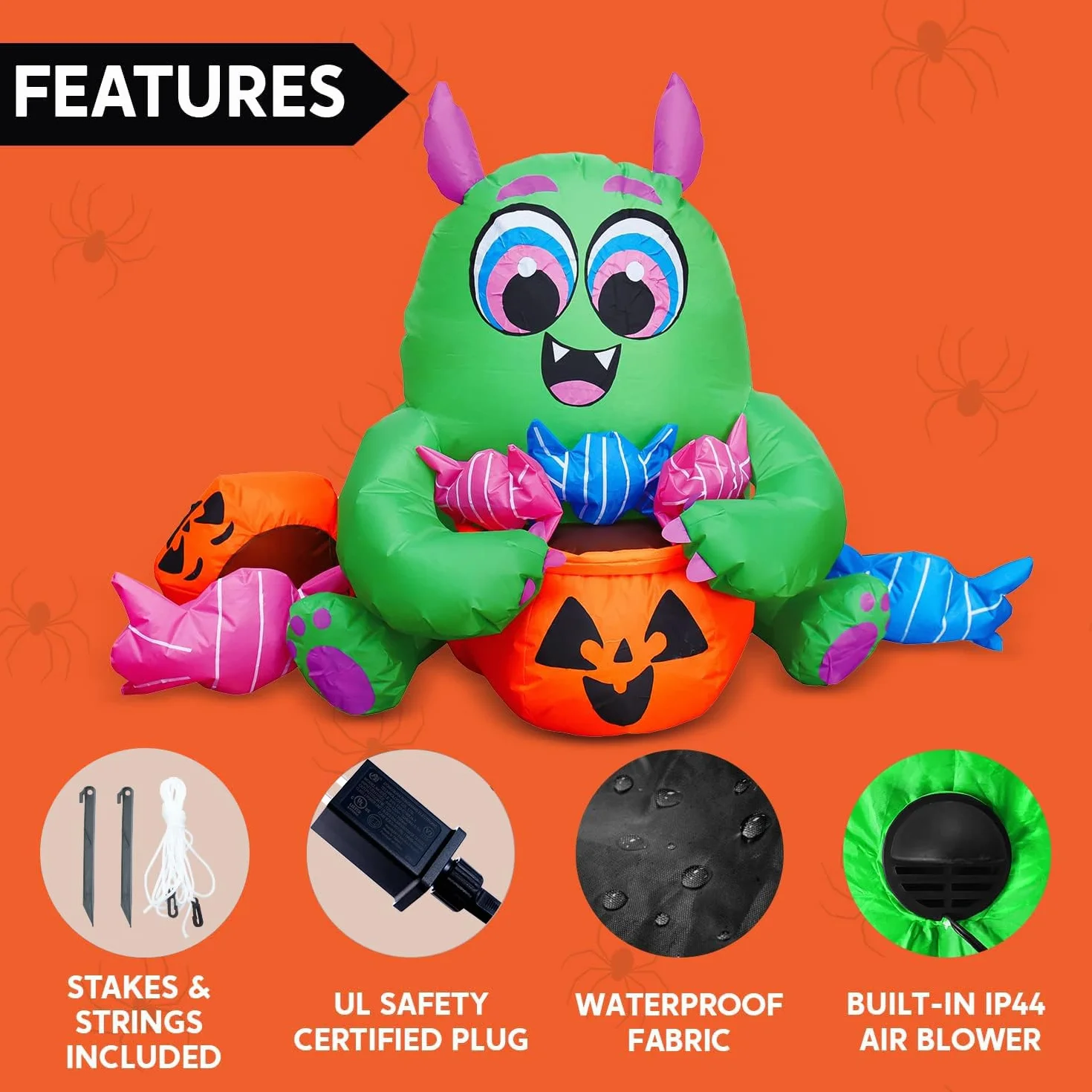 Joiedomi 5 FT Long Halloween Inflatable Monster Candy with Pumpkin Inflatable Yard Decoration with Build-in LEDs Blow Up Inflatables for Halloween Party Indoor, Outdoor, Yard, Garden, Lawn Decorations