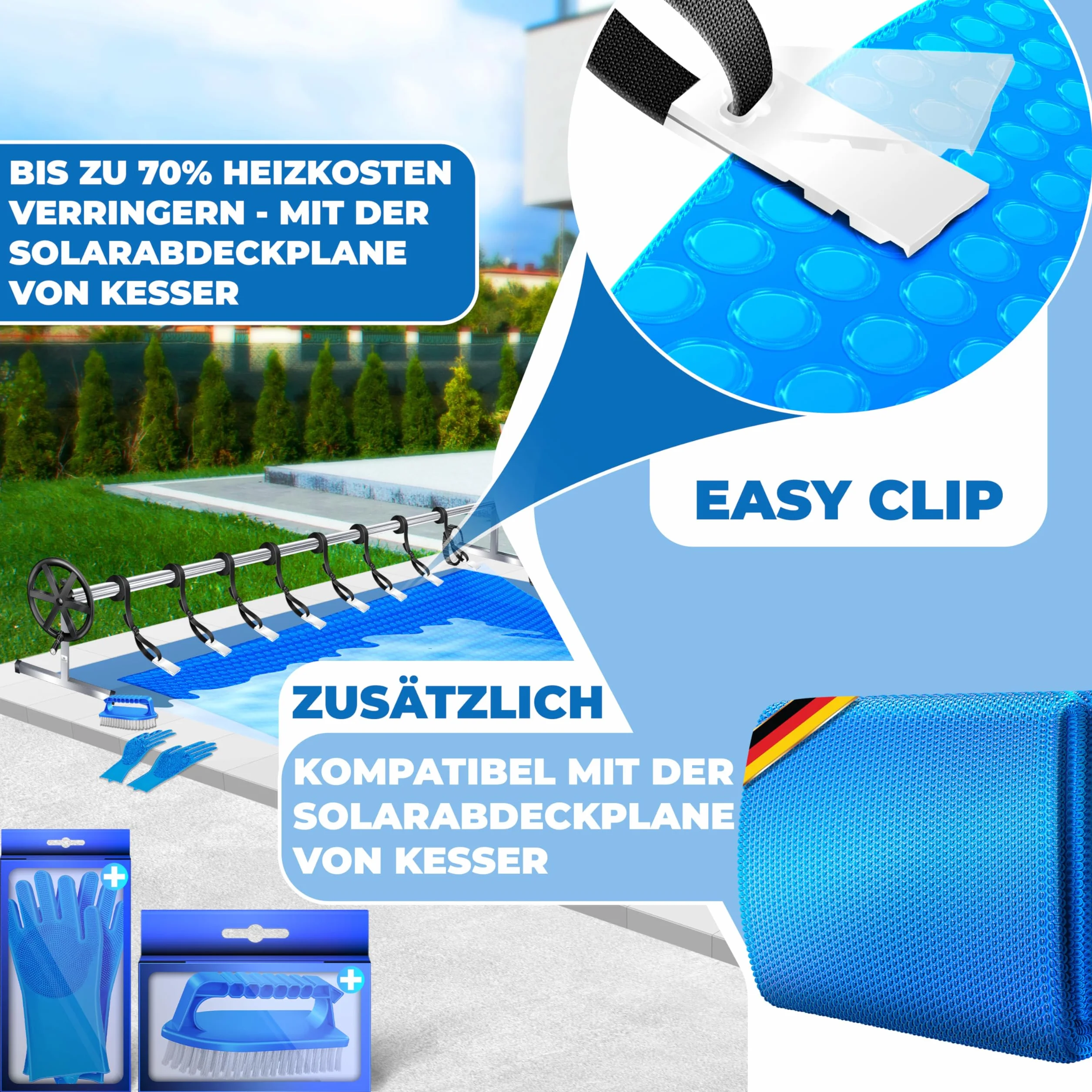 KESSER® Pool Premium system zwijania 3 m – 5,70 m | z kółkami | do plandeki solarnej | mobilne urządzenie do zwijania plandeki basenowej i pokrywy | w zestawie taśmy, rękawice i szczotka | materiał