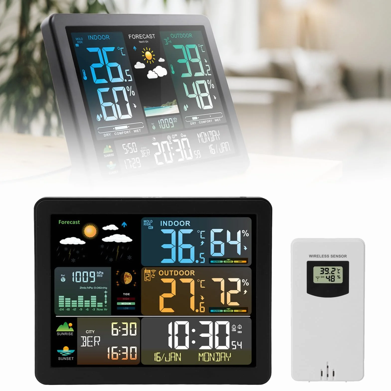 Bezprzewodowa stacja pogodowa Kolor Dift Digital indoor zewnętrzny wilgotność temperatury na zewnątrz Monitor Faza Księżyca Prognoza pogody Cukier alarmowy dla domowego biura