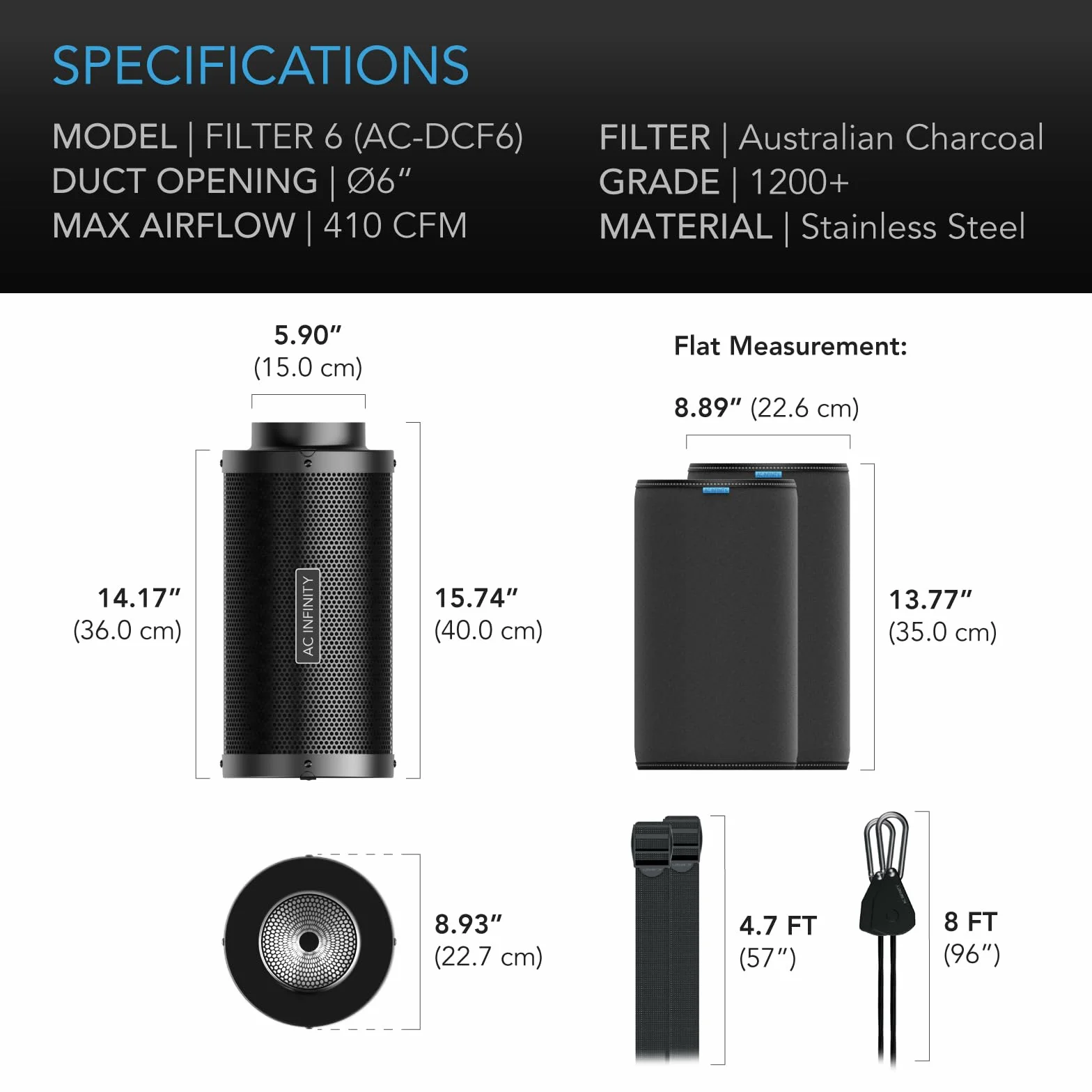 AC Infinity Air Carbon Filter 6"mit Premium Australian Virgin Charcoal, für Inline-Kanalventilator, Geruchskontrolle, Grow Rooms