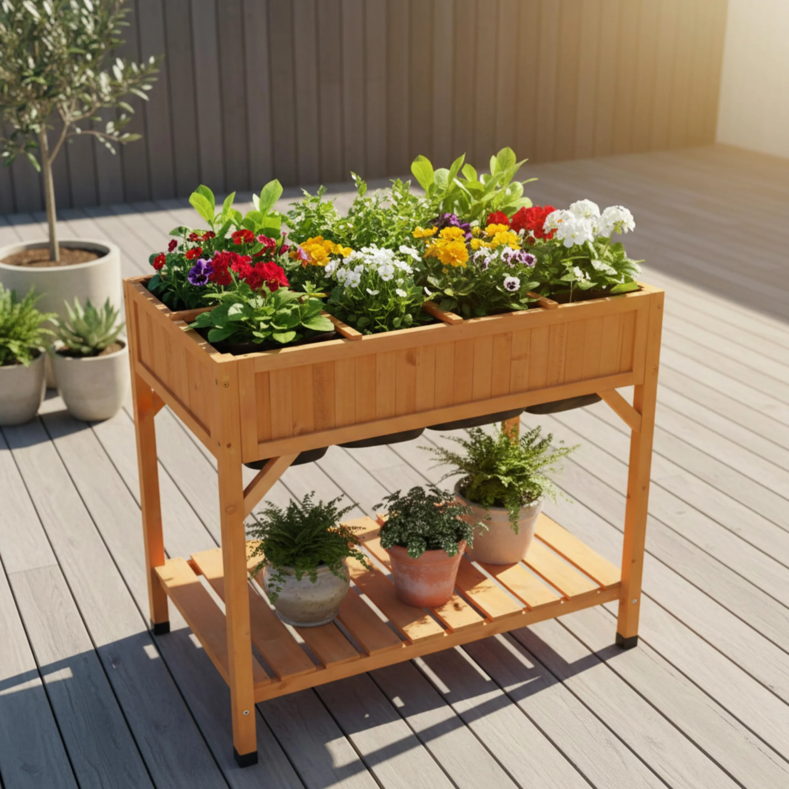 Relaxdays Podwyższona grządka, 8 przegródek, wys. x szer. x gł.: 81,5 x 91 x 62 cm, balkon i taras, stół na rośliny, drewno jodłowe, pomarańczowe