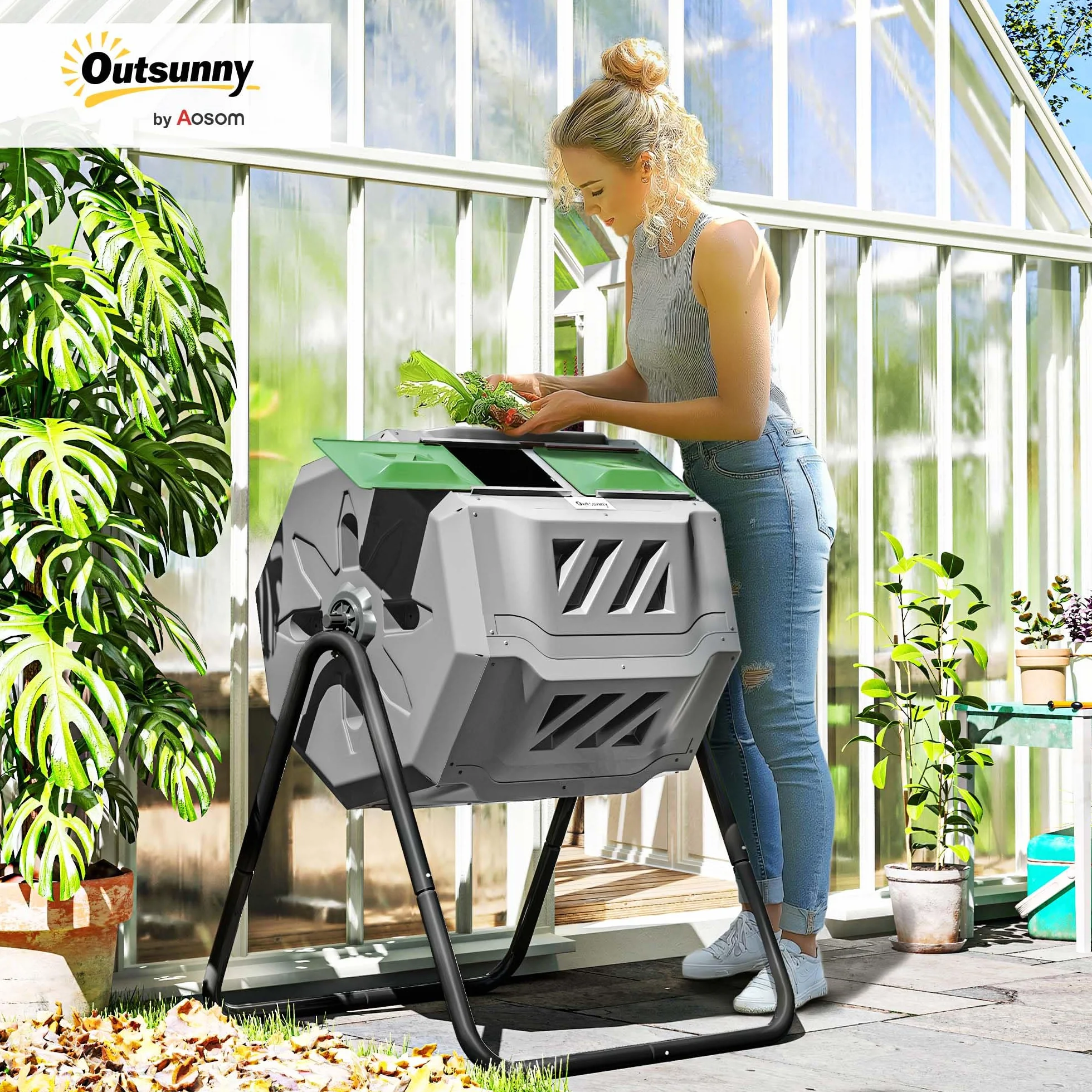Outsunny Kompostownik ogrodowy - kompostownik na odpady, obrotowy 360°, podwójna komora 160 l, stal PP szara