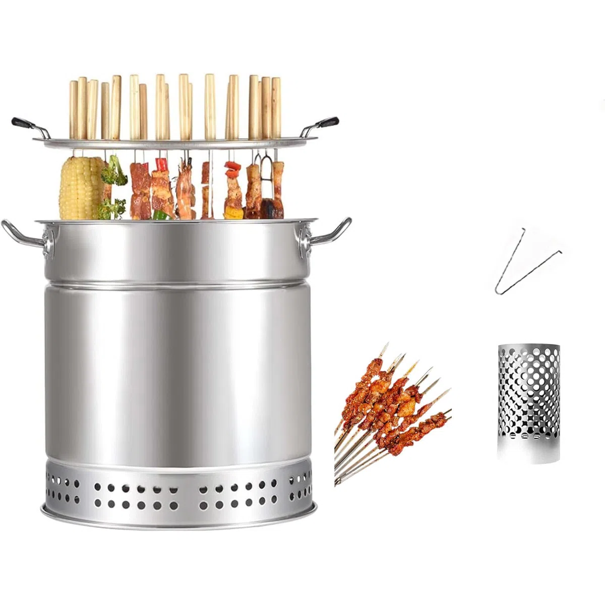 Przenośny grill w beczce, wiszący rożen na 28 szaszłyków | Dwuwarstwowa, automatyczne obracanie o 360°, oddzielna warstwa oleju i węgla, 36x43cm, do patio ogrodowego i kempingowego