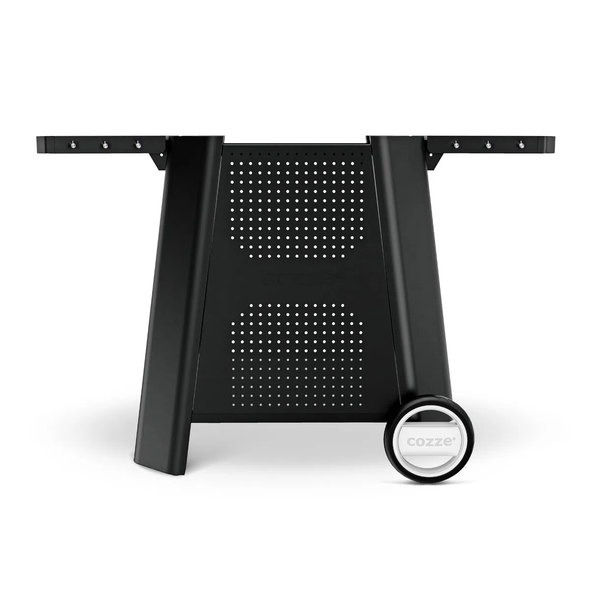 Cozze® Wózek premium do serii 500 – Stojak pod E-500/G-500/Plancha 500, składane półki boczne, 6 haków, wózek BBQ na kółkach, czarny