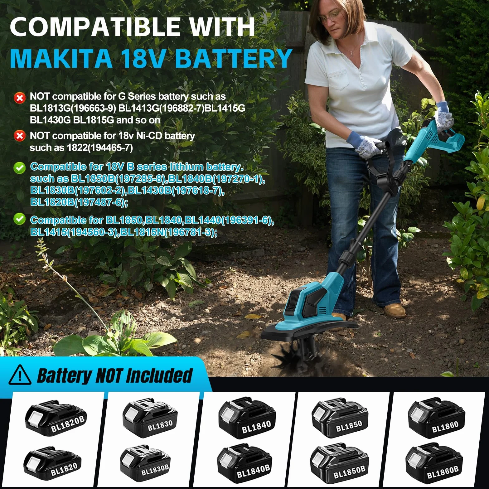 Akumulatorowa glebogryzarka kompatybilna z akumulatorem Makita 18 V, 550 W, składana, szerokość robocza 32 cm, głębokość robocza 18 cm, bezszczotkowa glebogryzarka, elektryczna glebogryzarka do ogrodu