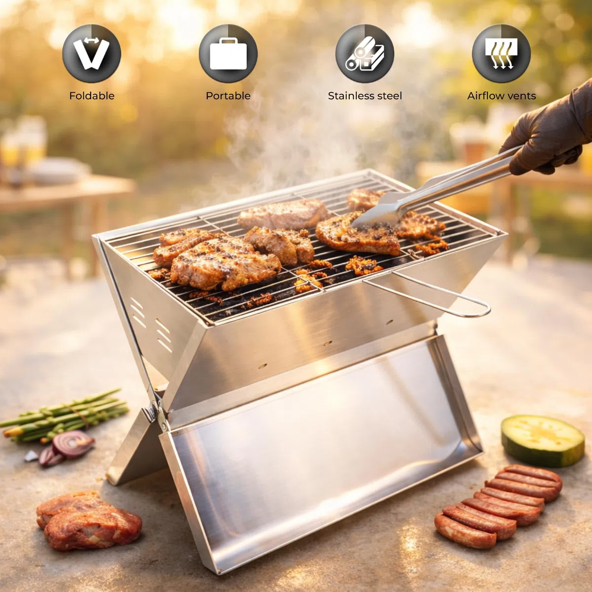 Ved Przenośny grill – składany grill w stylu notebooka dla 2 do 3 osób, wykonany ze stali nierdzewnej, na taras, patio, podwórko, kemping, wędrówki i wycieczki na plażę, 35 x 24 x 39 cm
