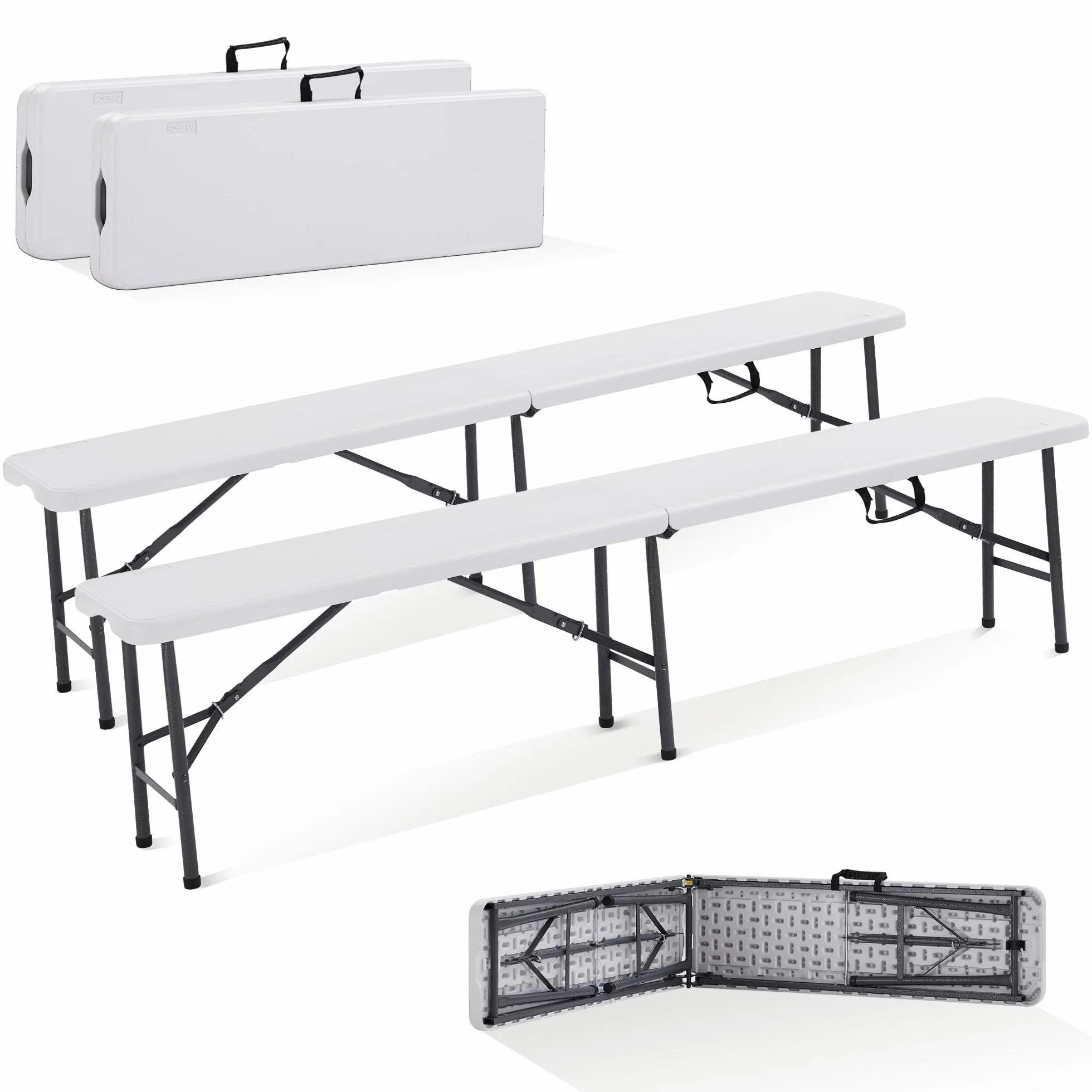 Arebos 2X Składana Ławka Piwna I Uchwyt do Przenoszenia | 183 x 28 x 43 cm Składana Ławka Camping Garden Party Ławka Campingowa Ławka Namiot Piwny, Ławka Ogrodowa, Ławka Zestaw 2 | Biały