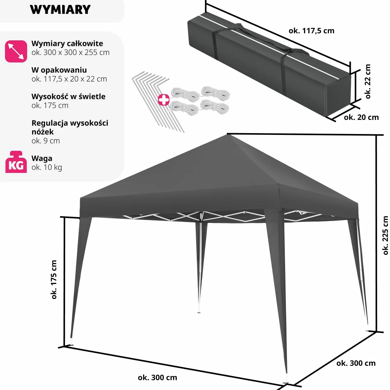 tectake® Składana Altanka, Pawilon Ogrodowy 3x3m, Wodoodporny Dach z Ochroną UV, Stalowy Stelaż Malowany Proszkowo, Regulacja Wysokości, Łatwy Montaż, Namiot Imprezowy (Szary)