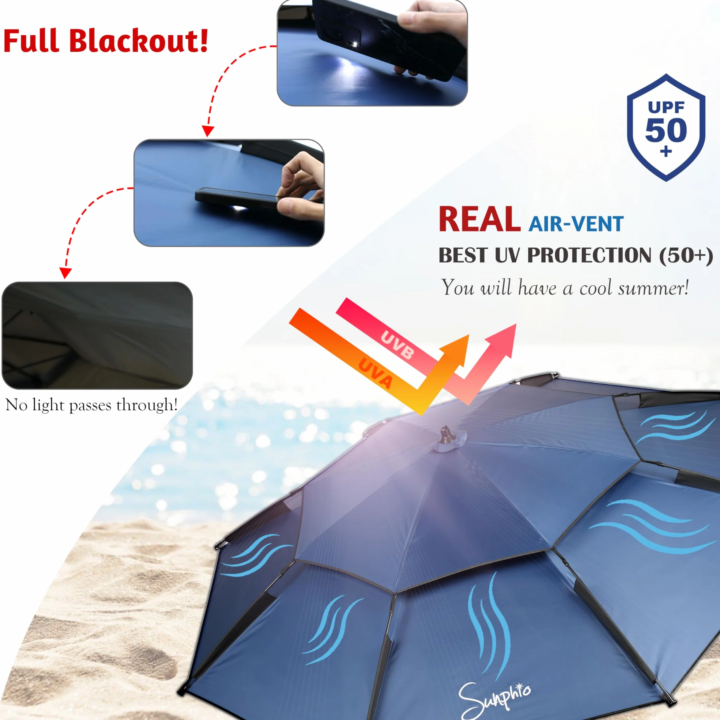 Sunphio Parasol Plażowy 220 cm, Odporny na Wiatr, Ochrona UV 50+, Duży Lekki Parasol Podróżny z Kotwicą, Do Ogrodu i Plaży
