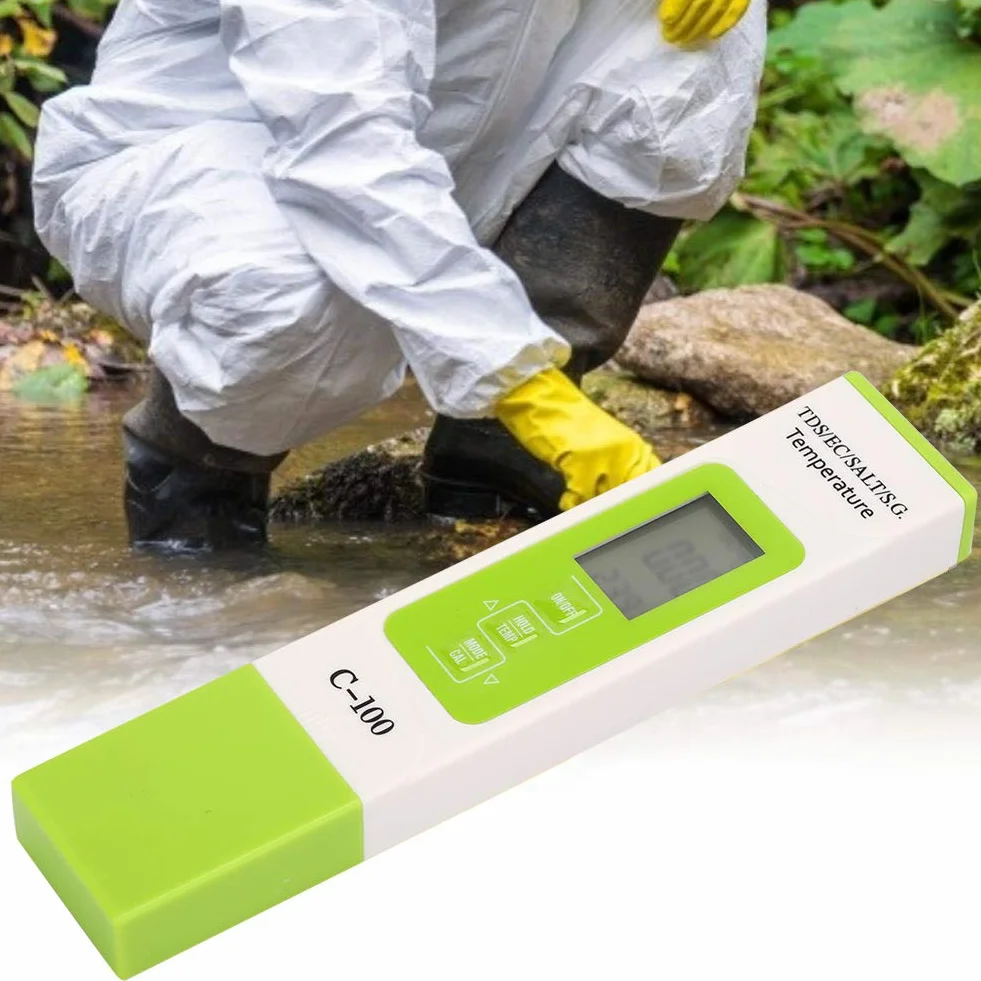 Tester Jakości Wody, C-100 5 w 1 Zasolenie TDS EC Tester Wody Morskiej, Wielofunkcyjny Cyfrowy Miernik TDS z Podświetleniem do Basenu, Akwariów i Słonej Wody