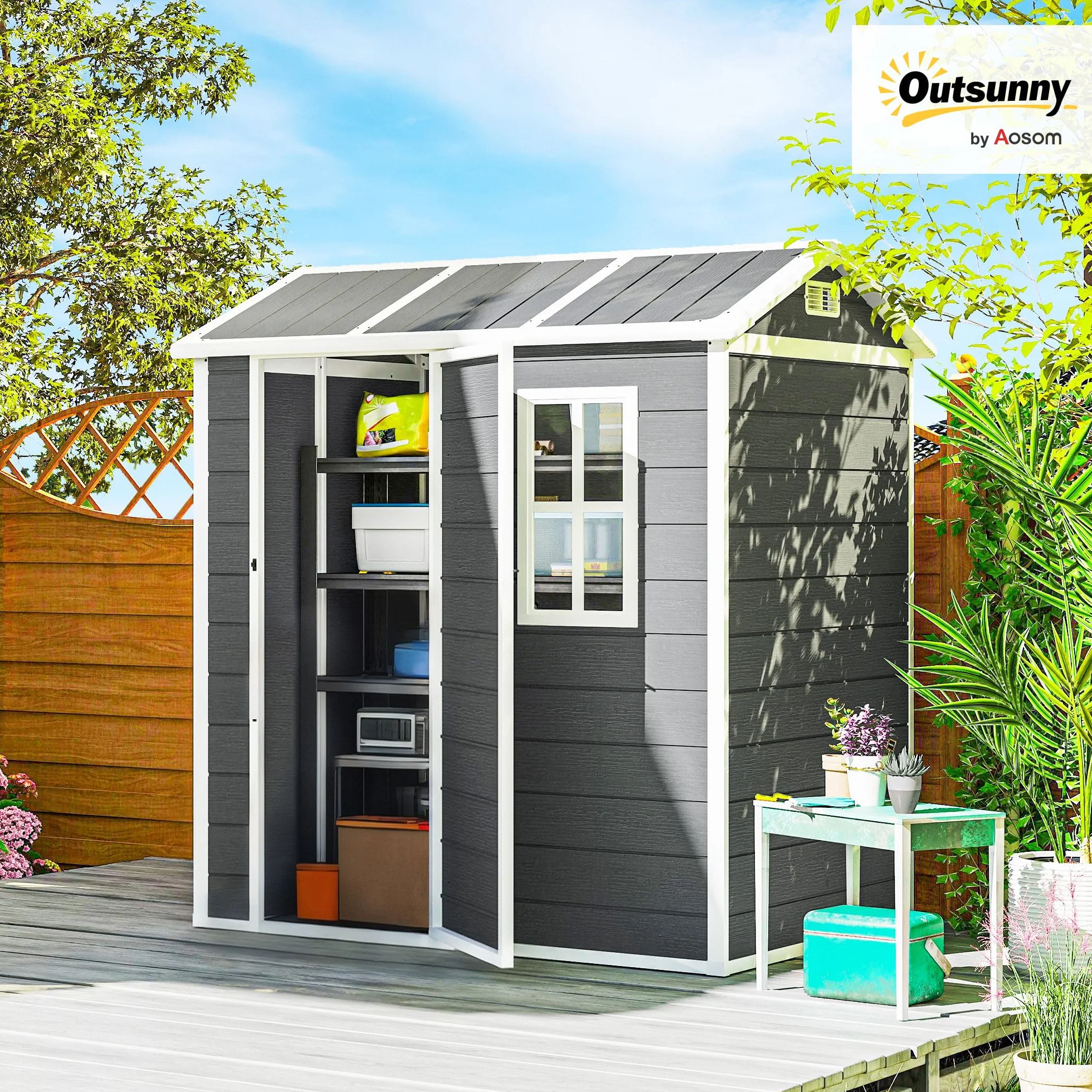 Outsunny Domek na narzędzia z tworzywa sztucznego, 2,1 m², 186 x 130 x 199 cm, szopa na narzędzia z dachem dwuspadowym, podłogą, oknem, zamykanymi drzwiami, odporna na warunki atmosferyczne, domek