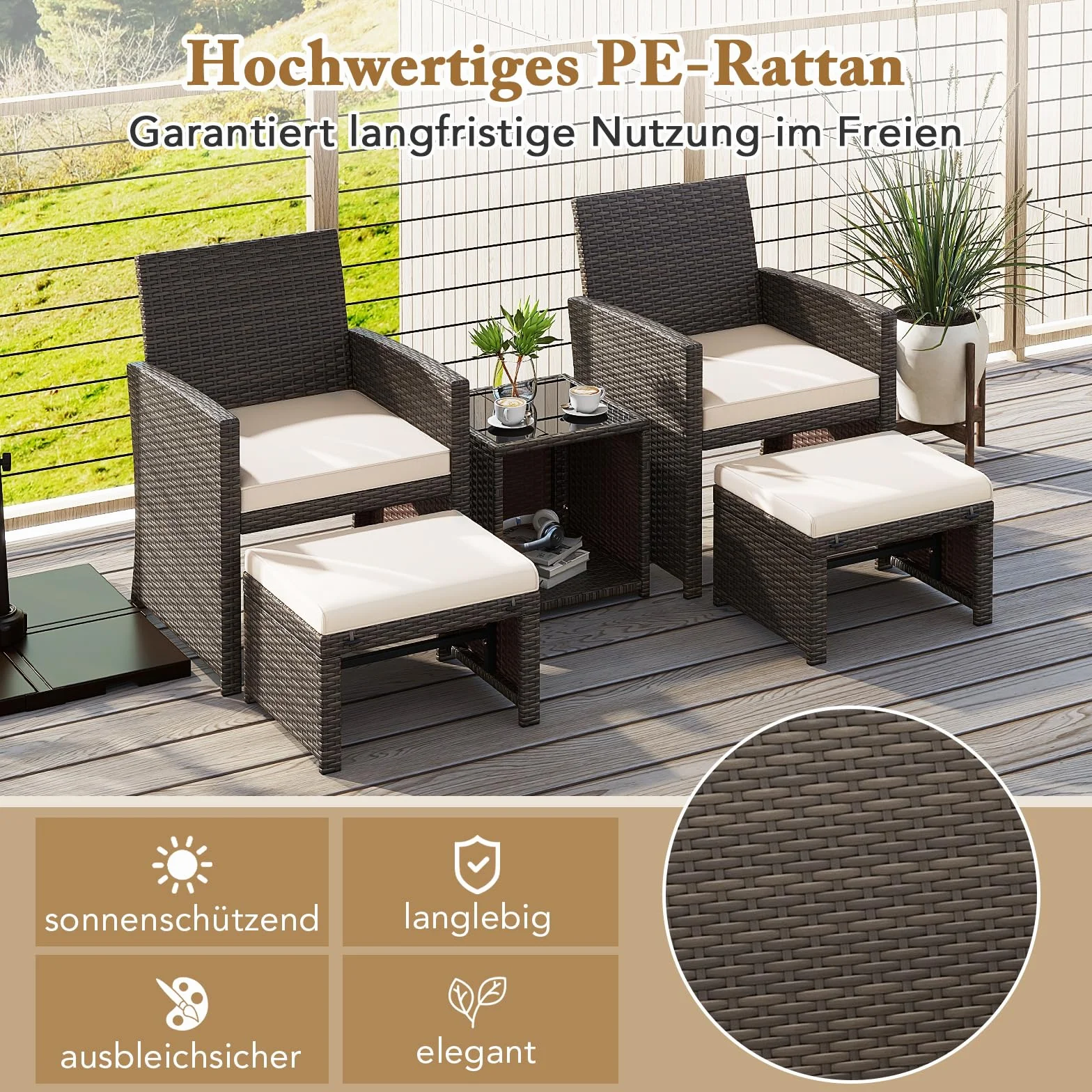 COSTWAY Zestaw mebli ogrodowych rattan 2 krzesła poduszki taboret stół