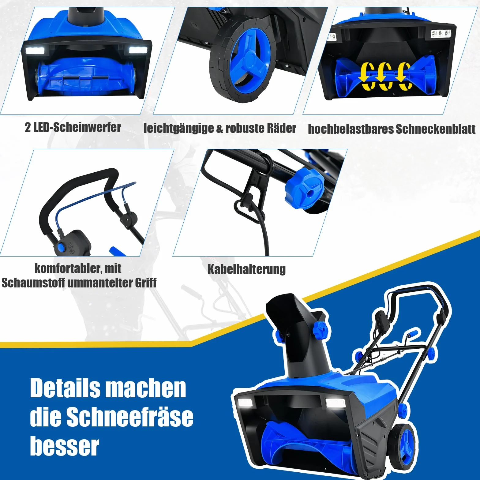 COSTWAY Elektryczna odśnieżarka 2300 W z diodami LED i silnikiem 15 A, szerokość robocza 50 cm, wysokość robocza 25 cm, przewodowa maszyna do odśnieżania ze zjeżdżalnią obracaną o 180° i zasięgiem