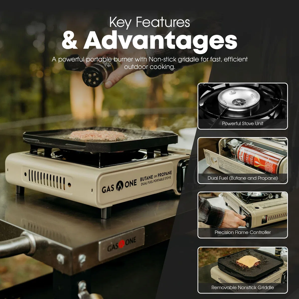 GasOne GS-3400P-KIT Kuchenka gazowa na propan lub butan z płaską płytą w zestawie – dwupaliwowa kuchenka na propan, do gotowania, na kemping, kuchnię, odlewane ciśnieniowo aluminium z powłoką