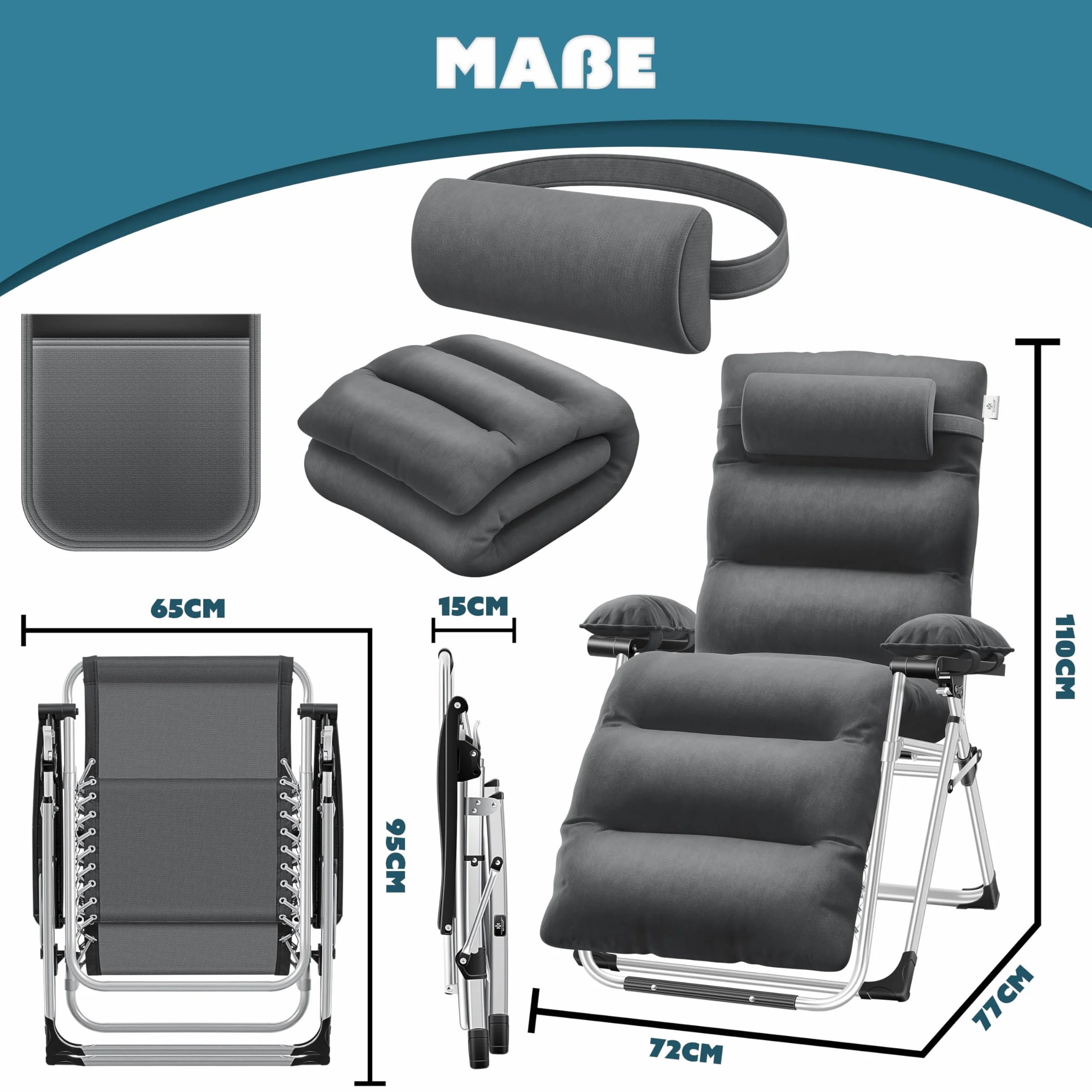 KESSER® Leżak słoneczny Fotel leżący, Leżak ogrodowy bardzo szeroki i odporny na warunki atmosferyczne, Wytrzymałość 200 kg, Ergonomiczna poduszka regulowane oparcie w zestawie poduszka pod kark