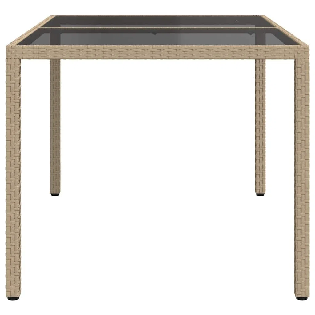 Stół ogrodowy z polirattanu z hartowanego szkła, 150 x 90 x 75 cm, malowana proszkowo rama stalowa, beżowo-czarna, na taras, balkon, do użytku na zewnątrz, łatwy w pielęgnacji i odporny na